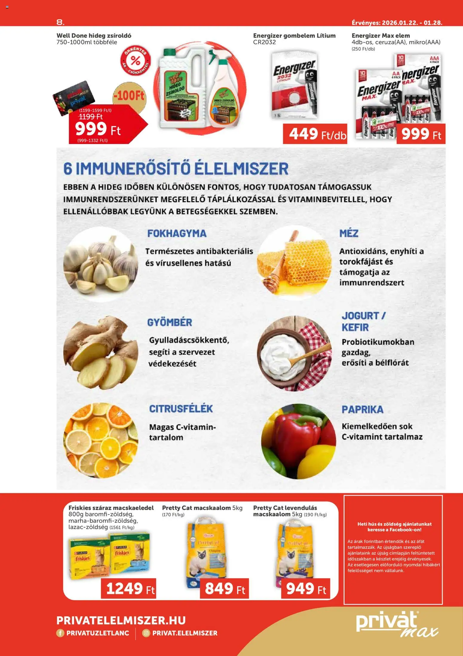PRIVÁT akciós ujság - amely érvényes a következő dátumtól: 22.01.2026 | Oldal: 8 | Termékek: Fokhagyma, Macskaeledel, Kefir, Zöldség