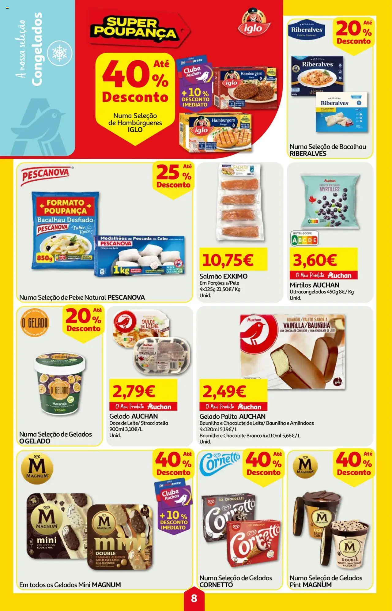 Auchan folheto │ válido de 14.08.2025 | Página: 8 | Produtos: Amêndoas, Frango, Salmão, Leite