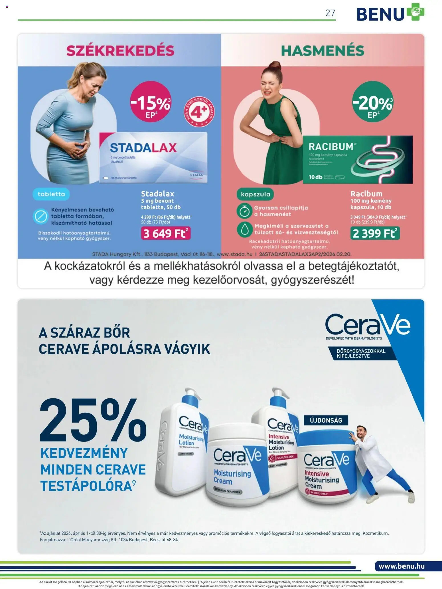 BENU Gyógyszertárak akciós ujság - amely érvényes a következő dátumtól: 01.04.2026 | Oldal: 27 | Termékek: Cerave, Bor, Só