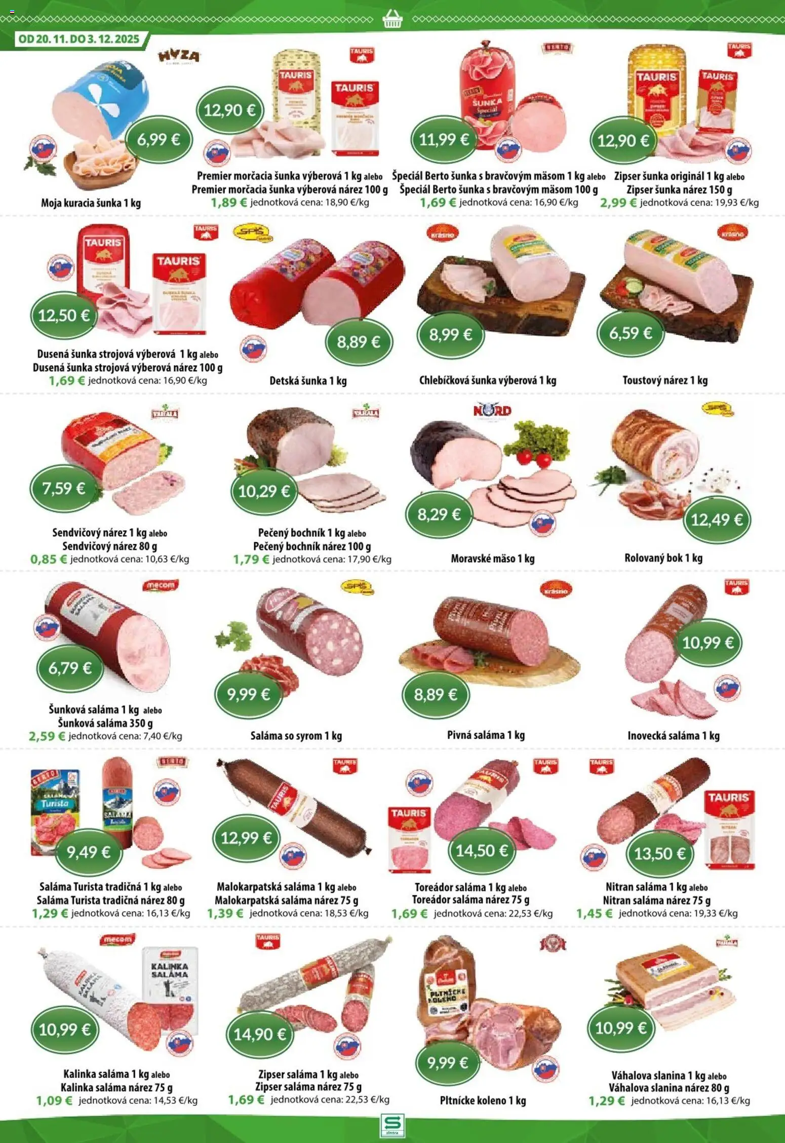 Nové Sintra akcie – leták je platný od 20.11.2025 | Strana: 2 | Produkty: Saláma, Šunka, Slanina