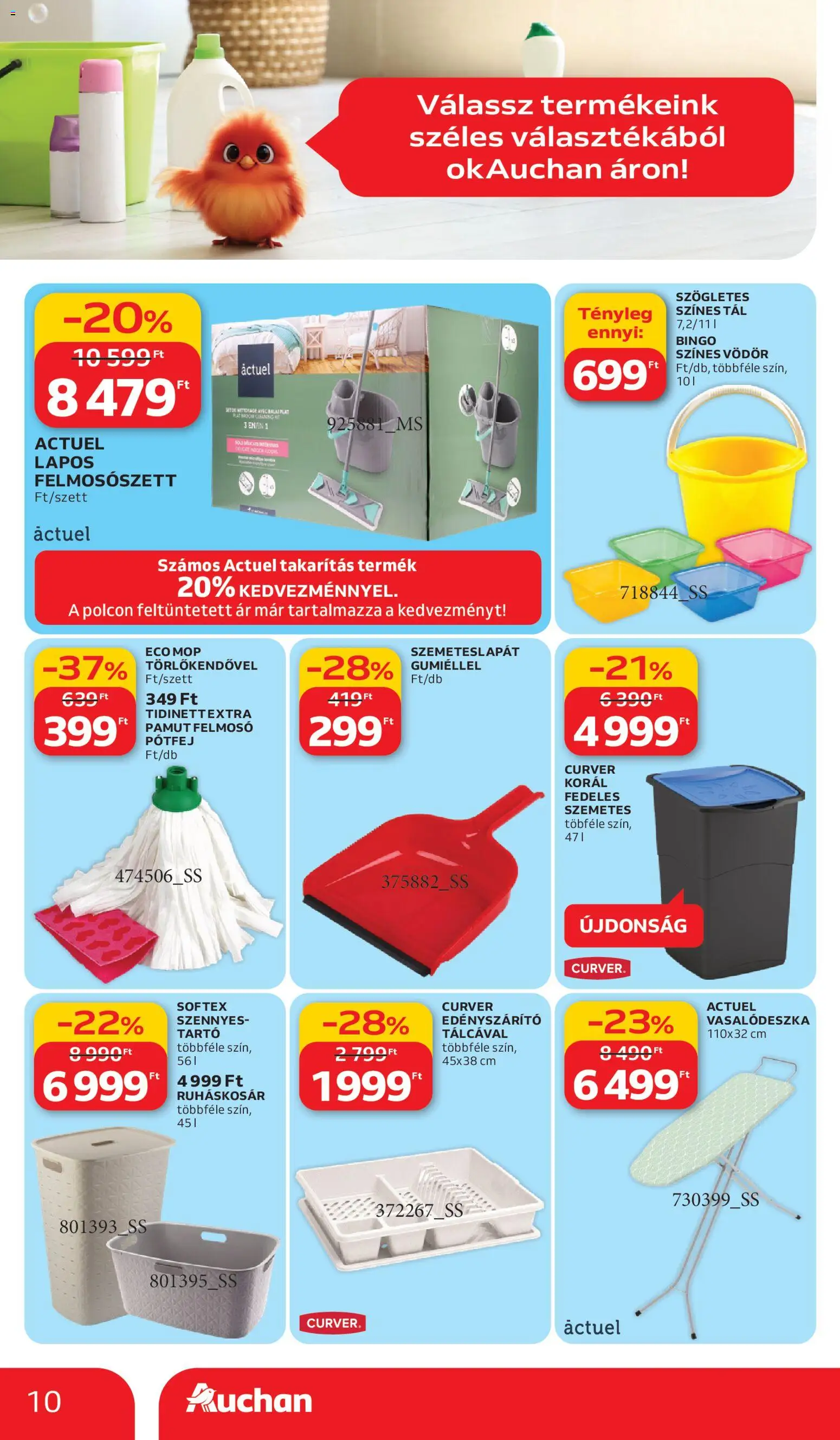 Auchan akciós ujság - amely érvényes a következő dátumtól: 05.03.2026 | Oldal: 10 | Termékek: Felmosó, Szemetes, Vasalódeszka, Ruháskosár