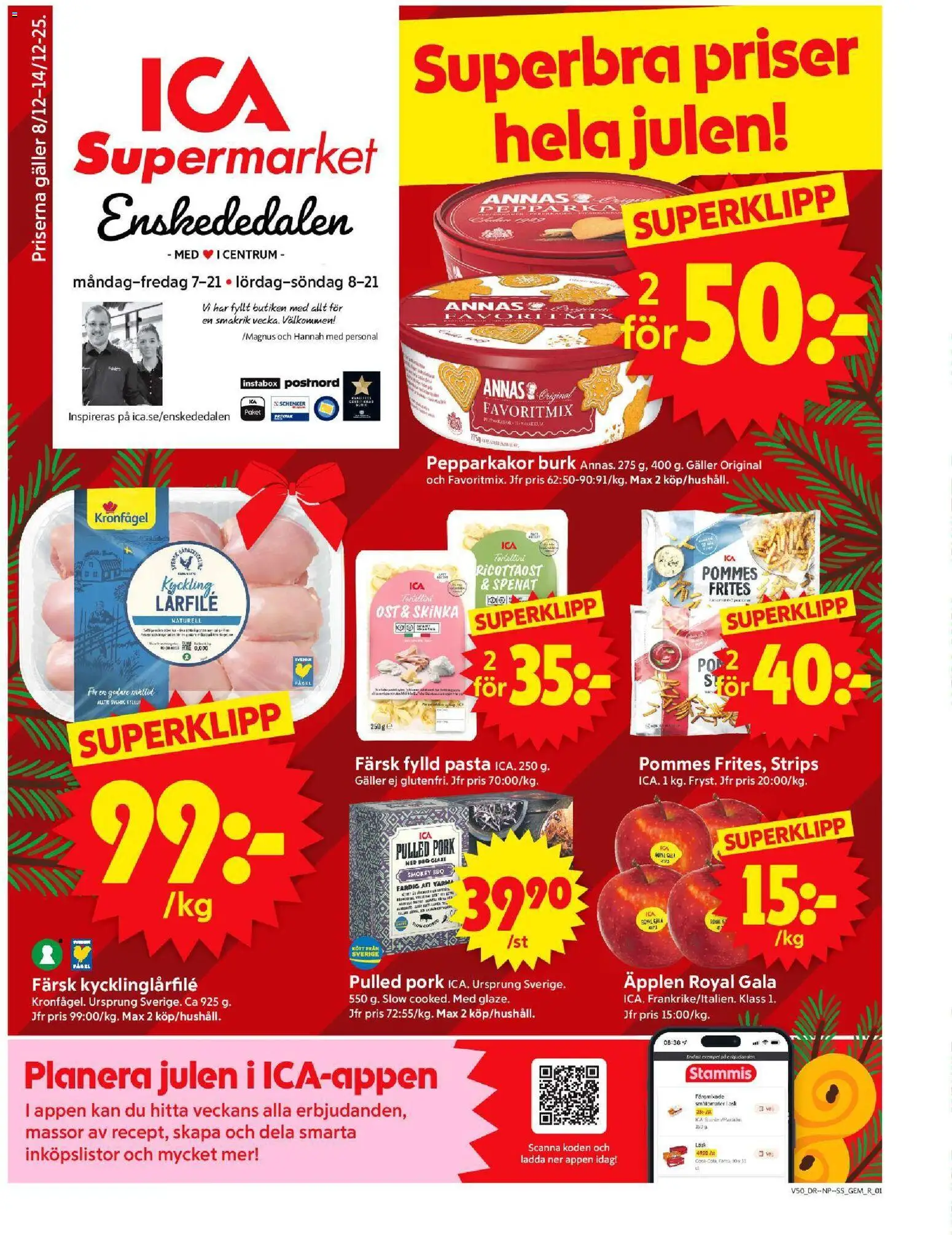 ICA Supermarket reklamblad aktuell från 08.12.2025 | Sida: 1 | Produkter: Spenat, Fanta, Ost, Äpplen