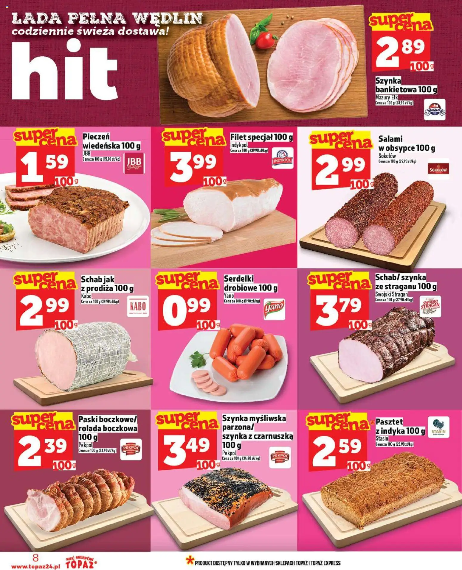 Topaz Gazetka MAZ od 30.10.2025 | Strona: 8 | Produkty: Rolada, Myśliwska, Szynka, Salami