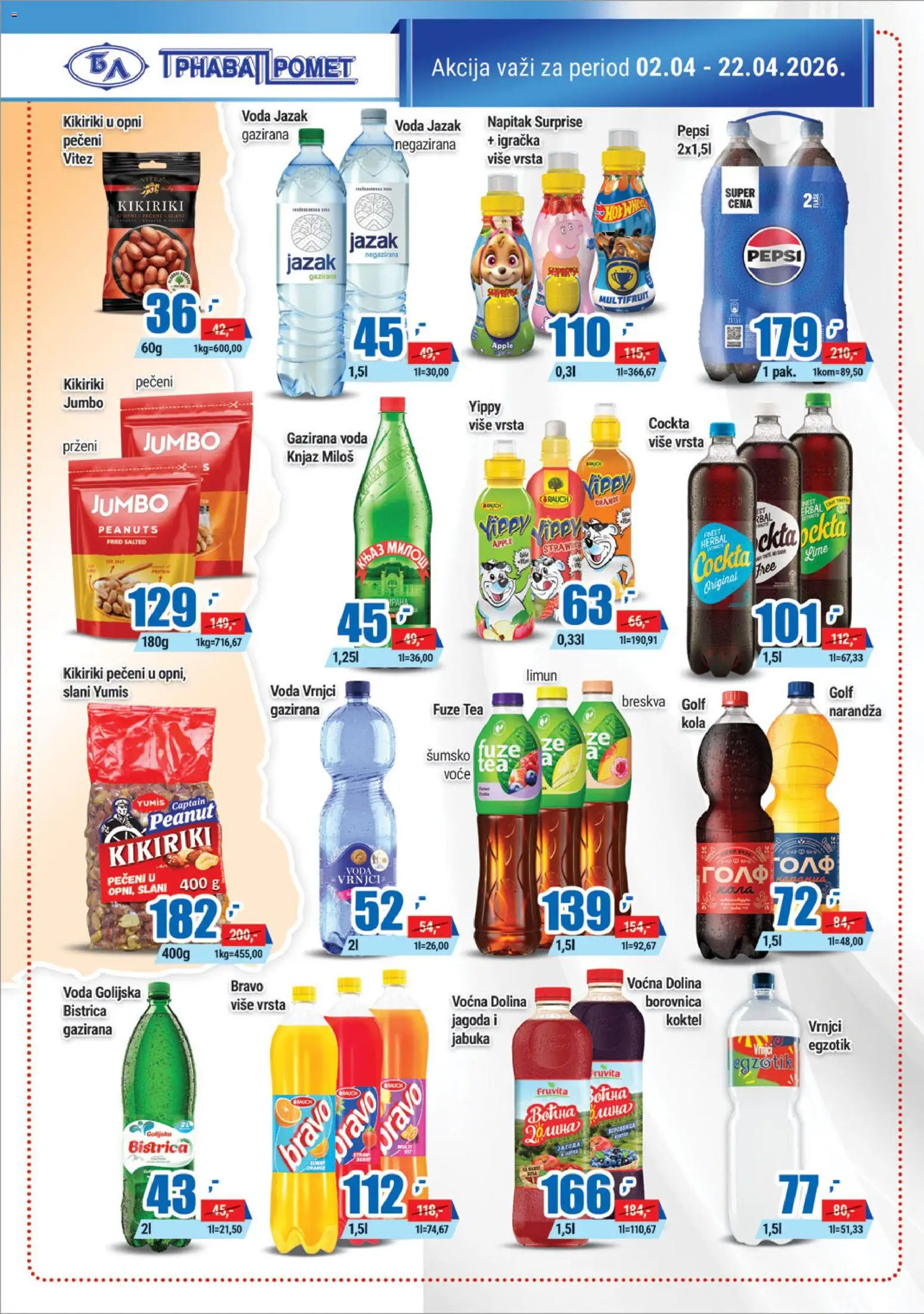 Trnava Promet katalog - važi od 02.04.2026 | Strana: 18 | Proizvode: Jagoda, Negazirana voda, Fruvita, Limun