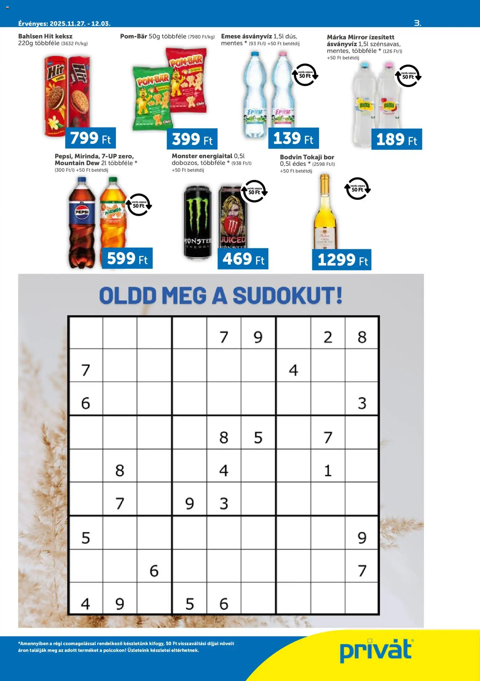 PRIVÁT akciós ujság - amely érvényes a következő dátumtól: 27.11.2025 | Oldal: 3 | Termékek: Pepsi, Ásványvíz, Keksz, Só