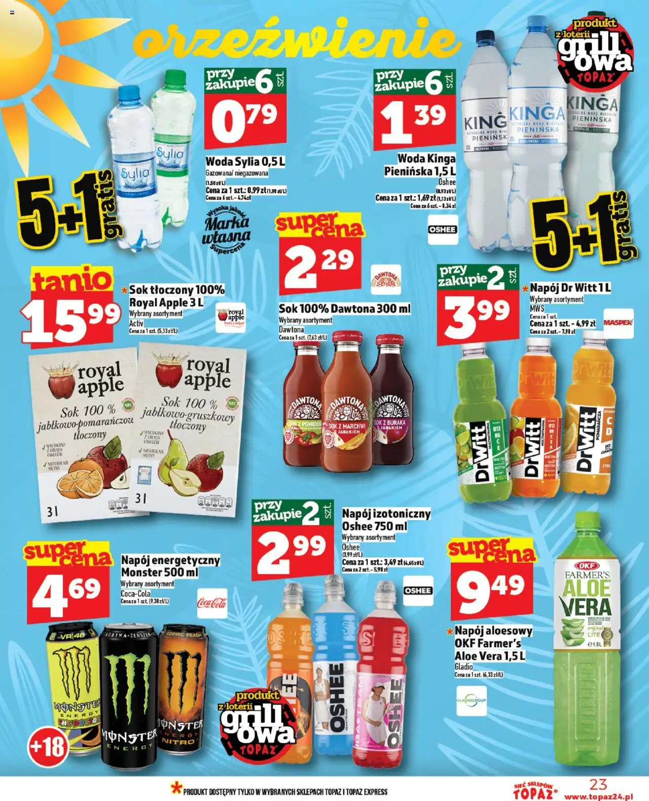 Topaz Gazetka MAZ od 05.06.2025 | Strona: 23 | Produkty: Napój aloesowy, Coca cola, Sok, Woda