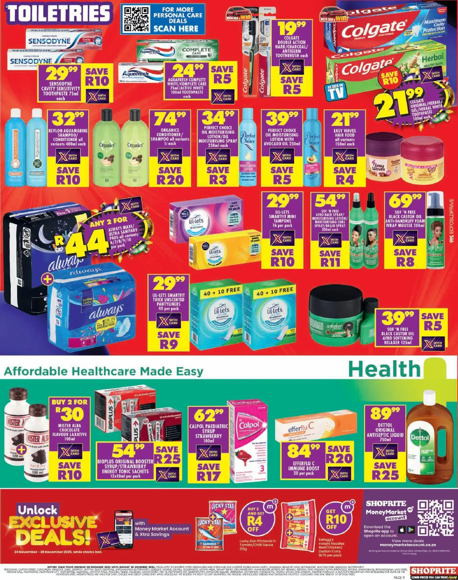 New Shoprite catalogue – valid from 08.12.2025 | Page: 9 | Products: Antiseptic liquid, Shampoo, Toothpaste, Lotion