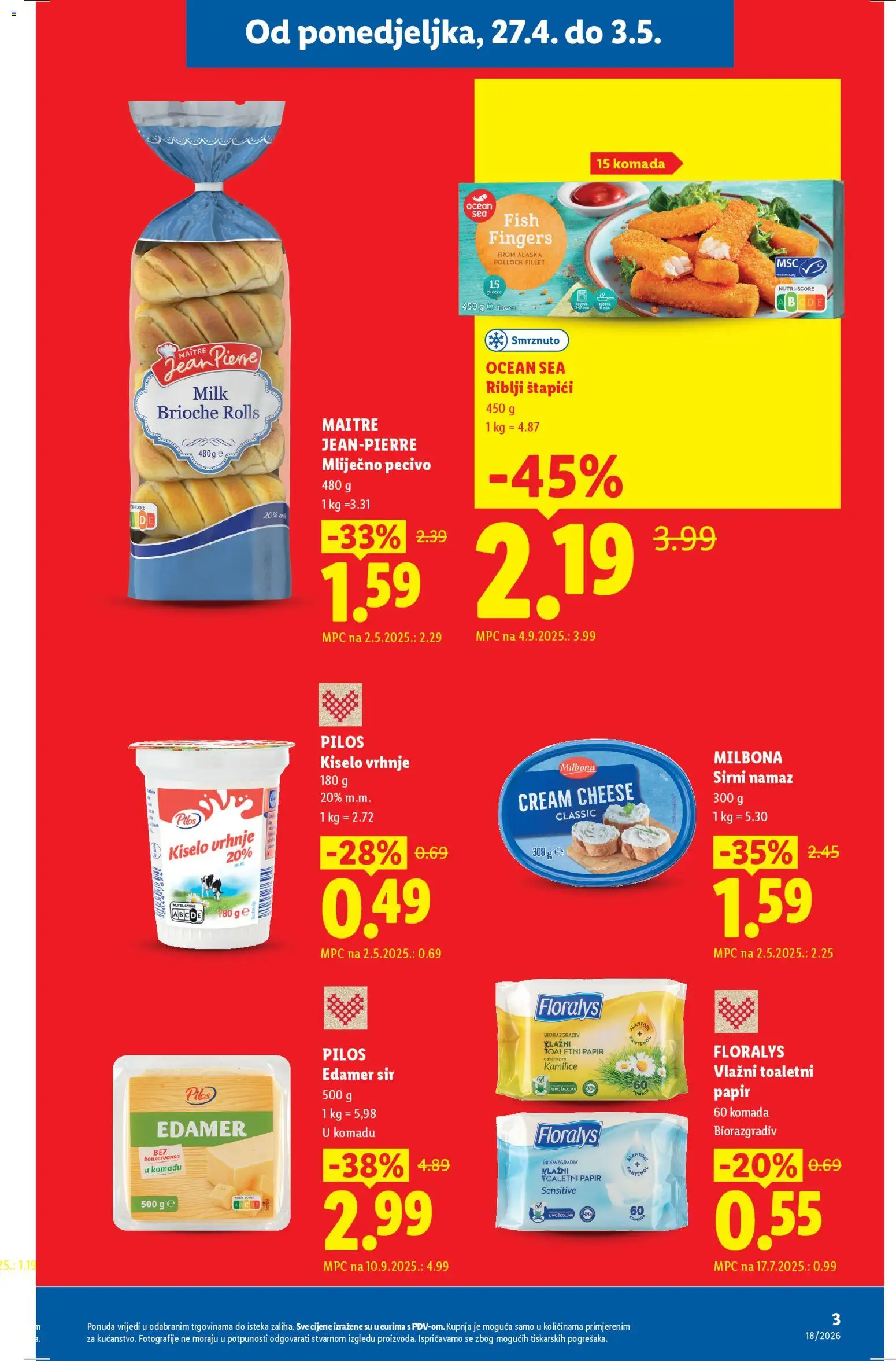 Lidl katalog | vrijedi od 27.04.2026 | Stranica: 3 | Proizvodi: Riblji štapići, Kiselo vrhnje, Toaletni papir, Pecivo