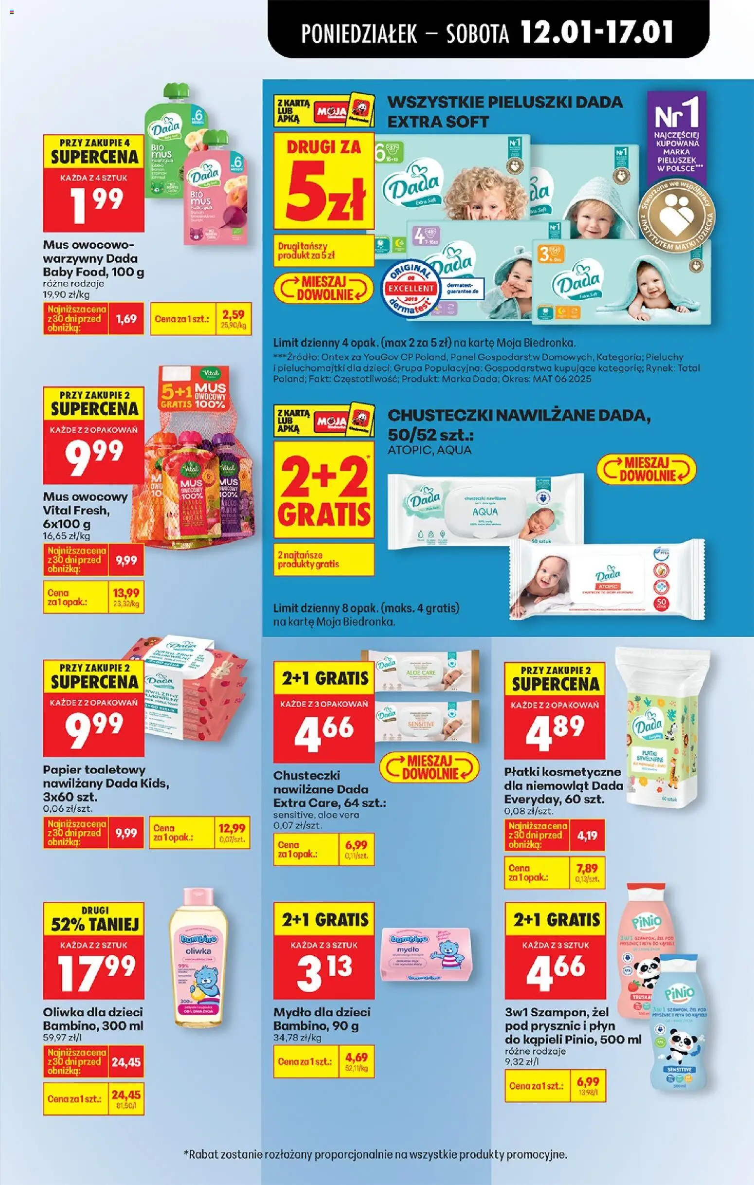 Biedronka gazetka od 12.01.2026 | Strona: 69 | Produkty: Papier toaletowy, Płyn do kąpieli, Płatki kosmetyczne dla niemowląt Dada, Mydło