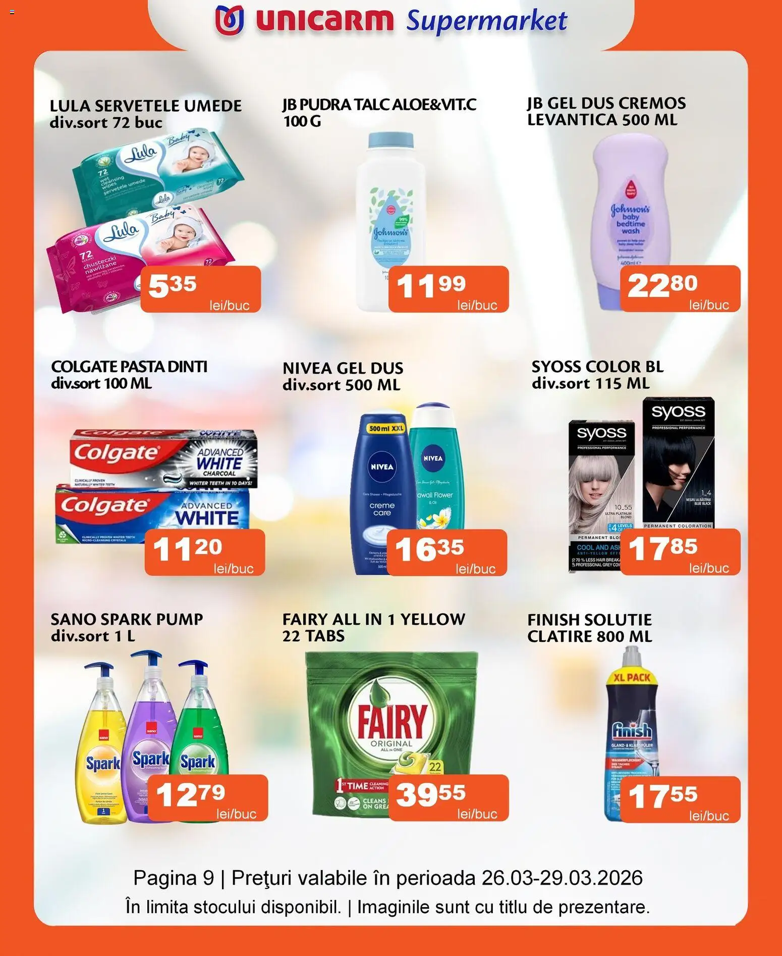 Noul catalog Unicarm – valabil de la 26.03.2026 | Pagină: 9 | Produse: Duș, Pudră, Șervețele umede