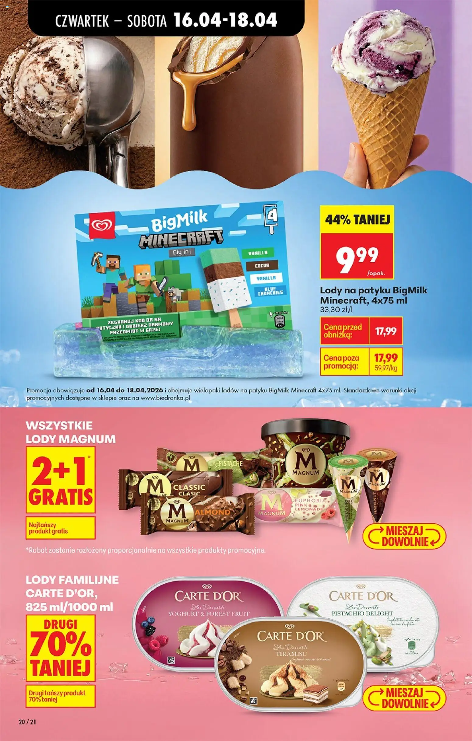 Biedronka gazetka od czwartku od 16.04.2026 | Strona: 26 | Produkty: Tiramisu, Lody na patyku, Lody Magnum, Lody