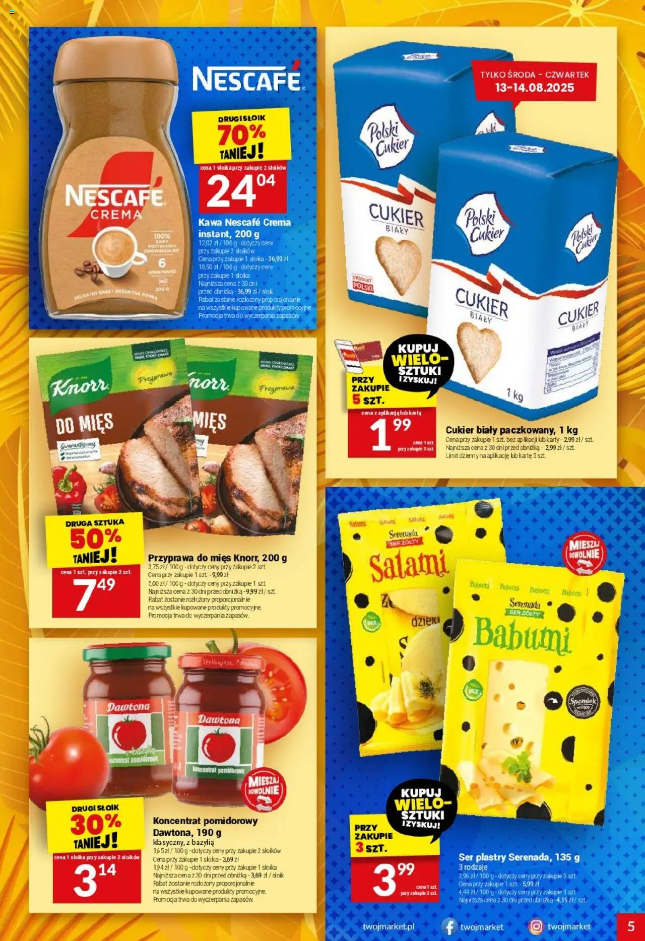 Twój Market Gazetka od 13.08.2025 | Strona: 5 | Produkty: Bazylia, Cukier biały, Ser, Kawa