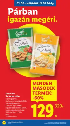 Snack Day Barnarizs-chips, Sajtos / paprikás / sós-borsos / hagymás-tejfölös - amely érvényes a következő dátumtól: 08.01.2026 | Oldal: 2