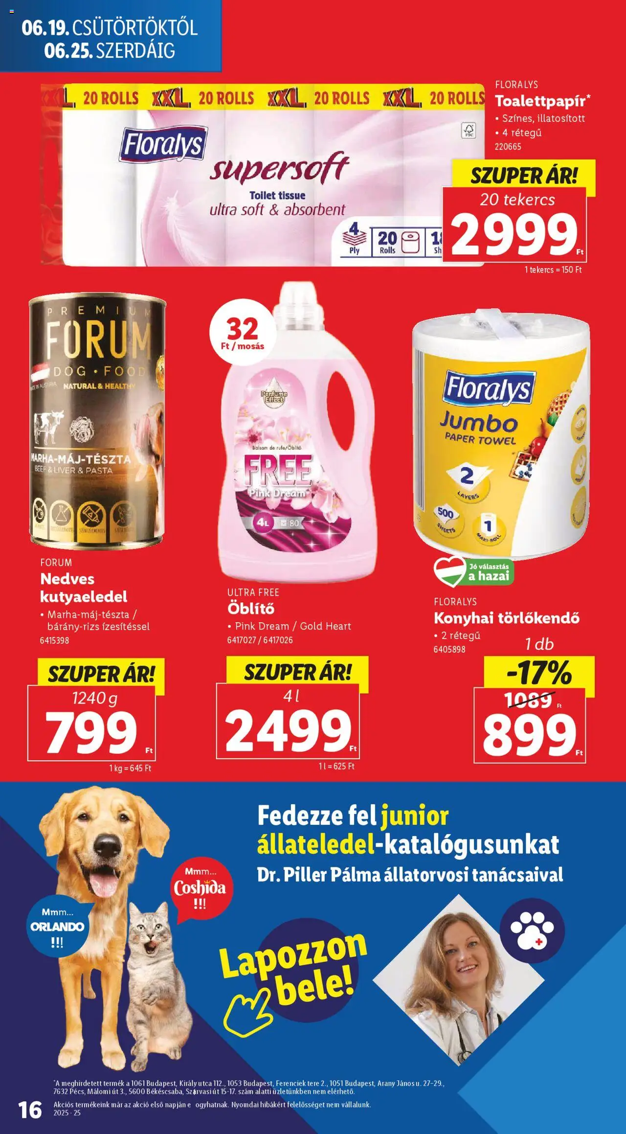 Lidl akciós ujság - amely érvényes a következő dátumtól: 19.06.2025 | Oldal: 16 | Termékek: Kutyaeledel, Törlőkendő, Öblítő