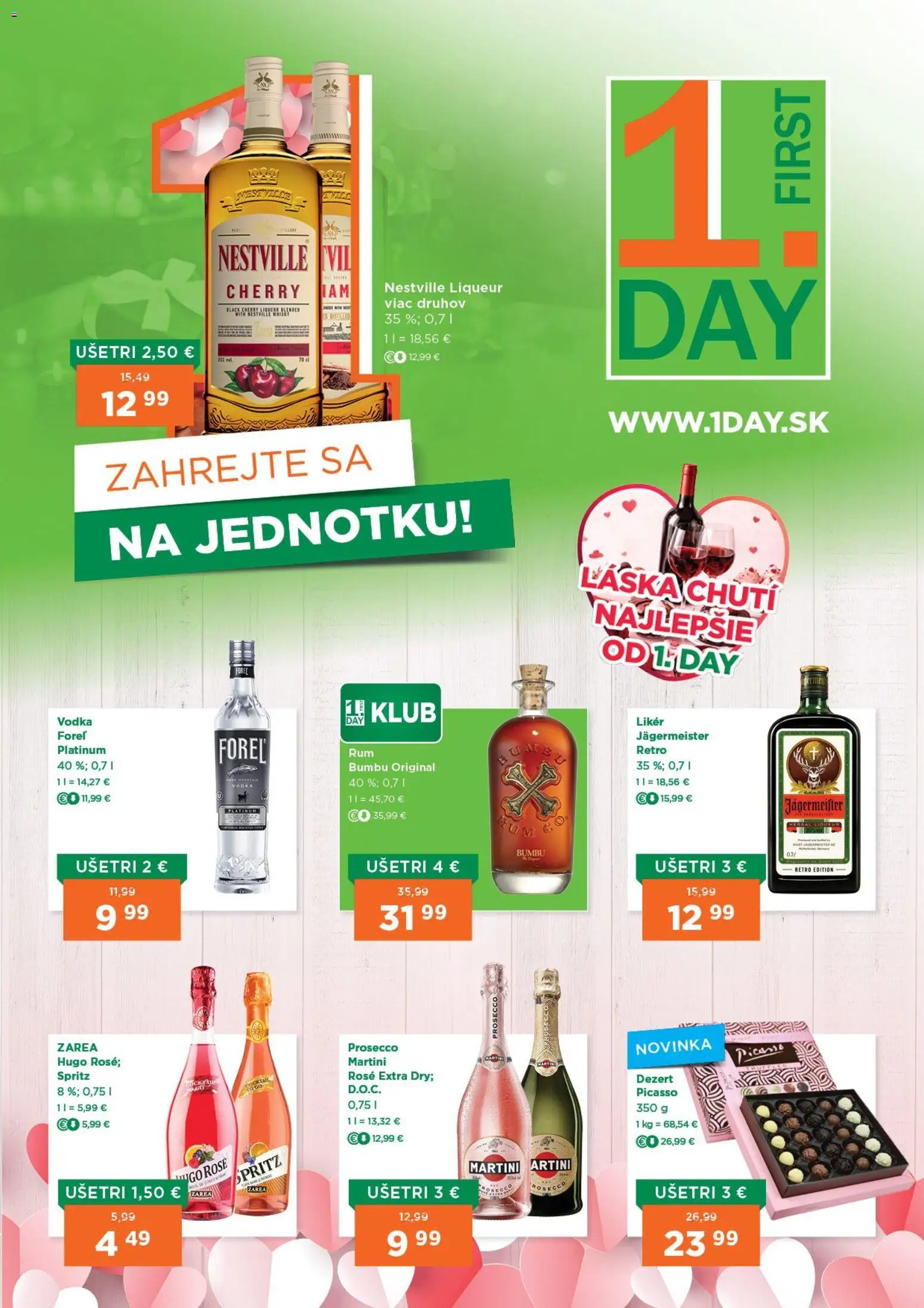 Nové 1day akcie – leták je platný od 12.02.2026 | Strana: 1 | Produkty: Jägermeister, Prosecco, Vodka
