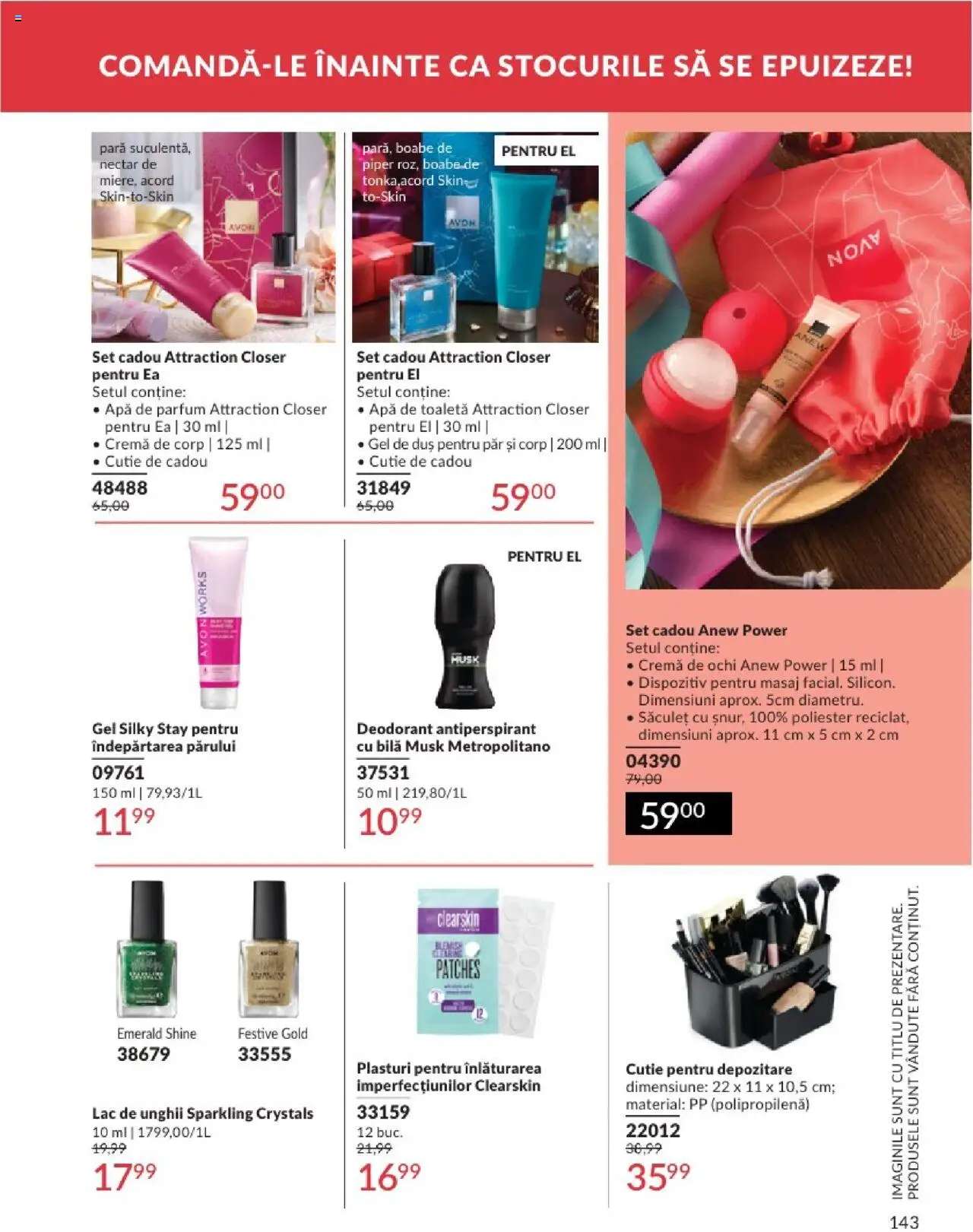 Catalog Avon - 08 2025 – valabil de la 01.08.2025 | Pagină: 143 | Produse: Plasturi, Apă de parfum, Cutie, Gel de duș