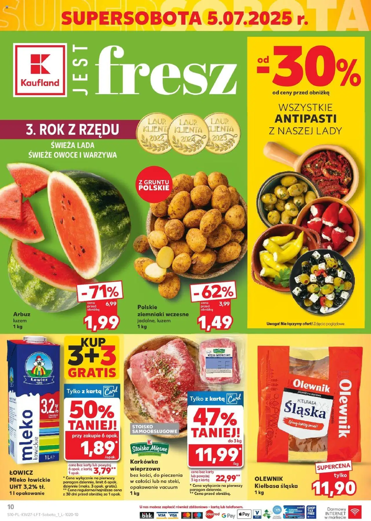 Kaufland gazetka od 03.07.2025 | Strona: 10 | Produkty: Arbuz, Karkówka, Kiełbasa śląska, Mleko łowickie