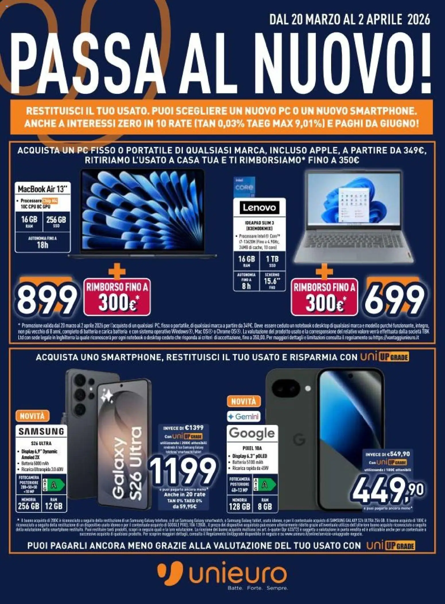 Volantino Unieuro del 20.03.2026 | Pagina: 1 | Prodotti: Notebook, Macbook air, Macbook, Batteria