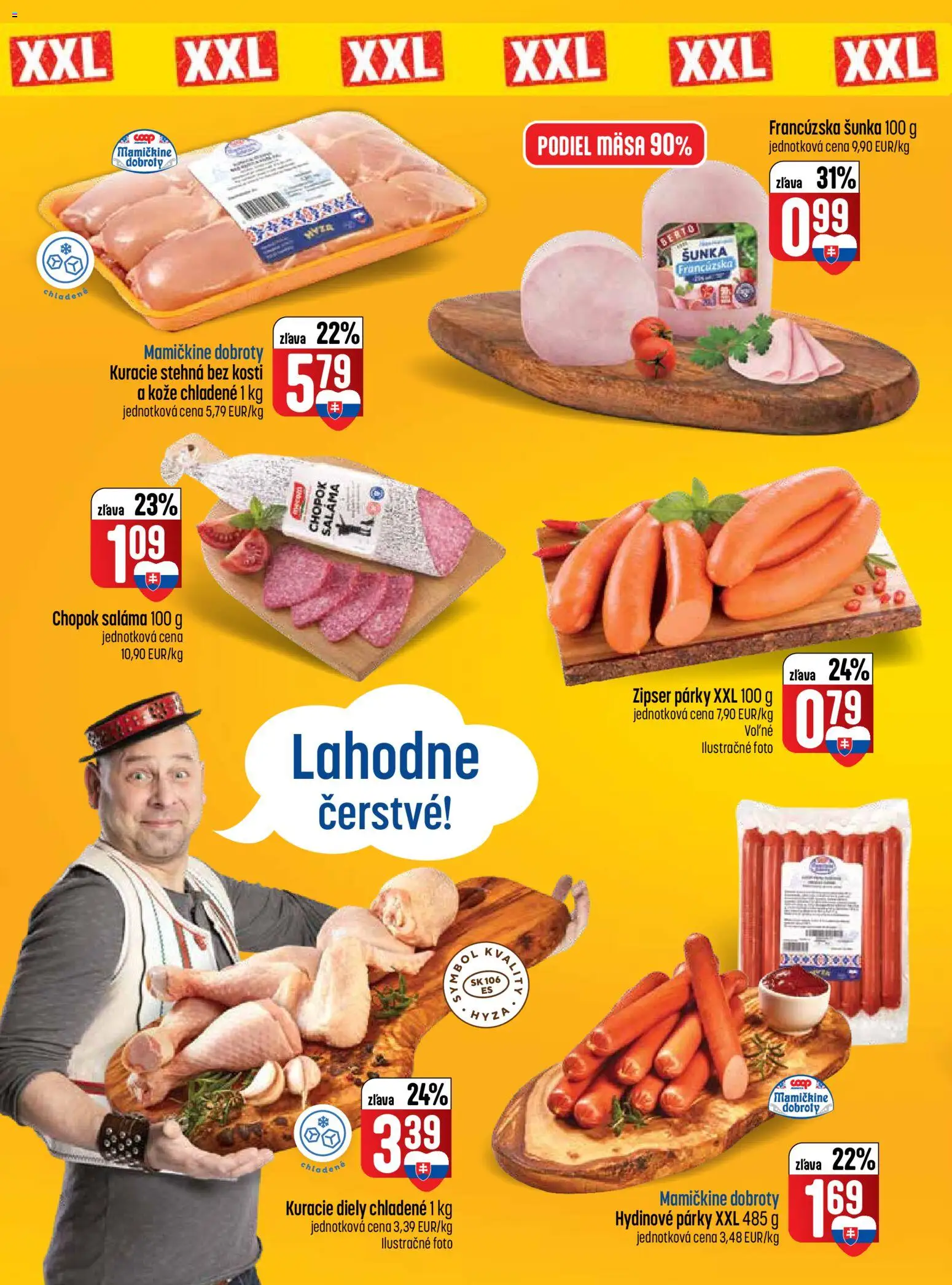 Nové COOP Jednota akcie – leták je platný od 12.02.2026 | Strana: 2 | Produkty: Saláma, Šunka, Kuracie stehná, Párky