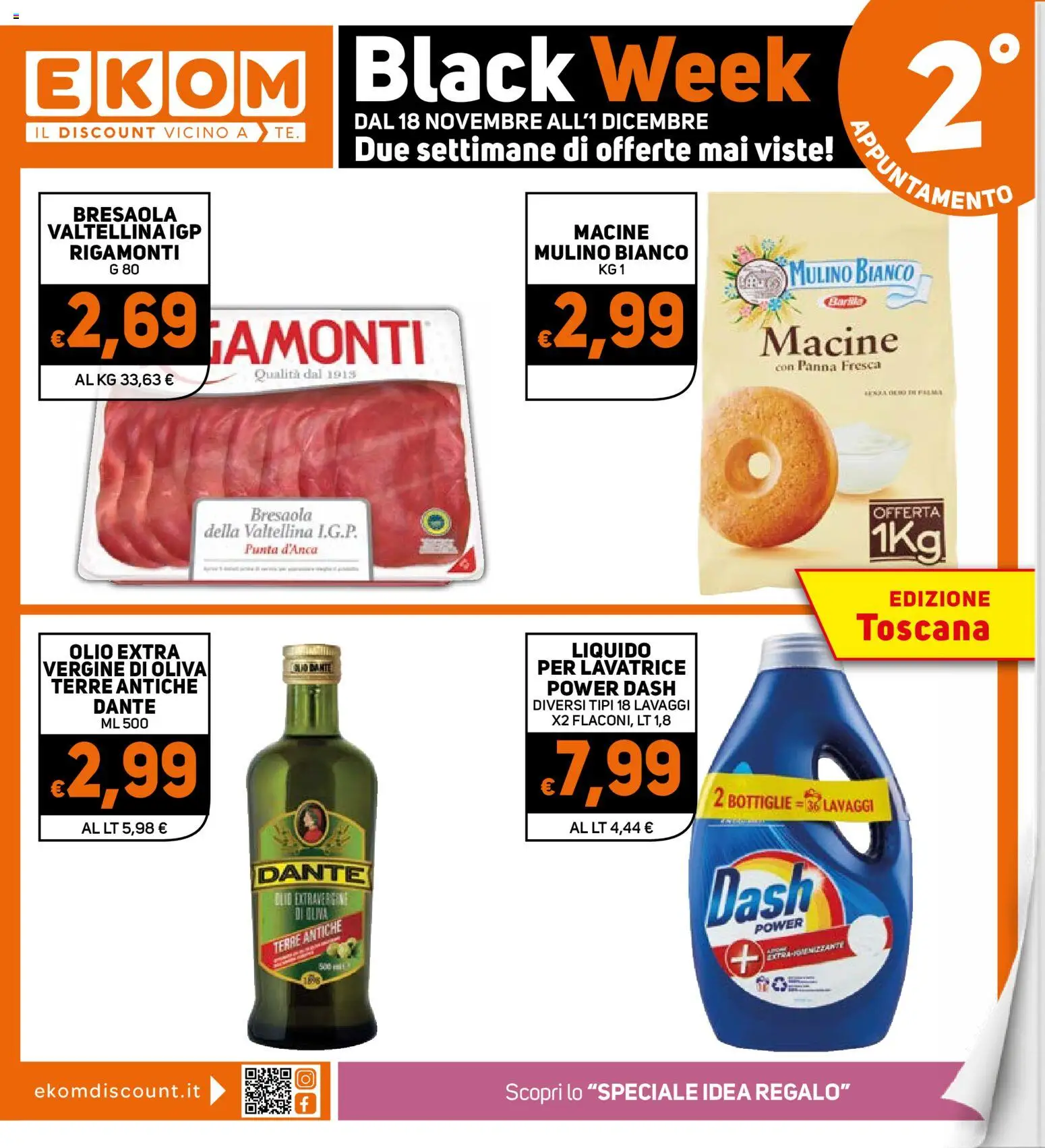 Volantino Ekom del 18.11.2025 | Pagina: 1 | Prodotti: Bresaola, Panna, Olio, Lavatrice