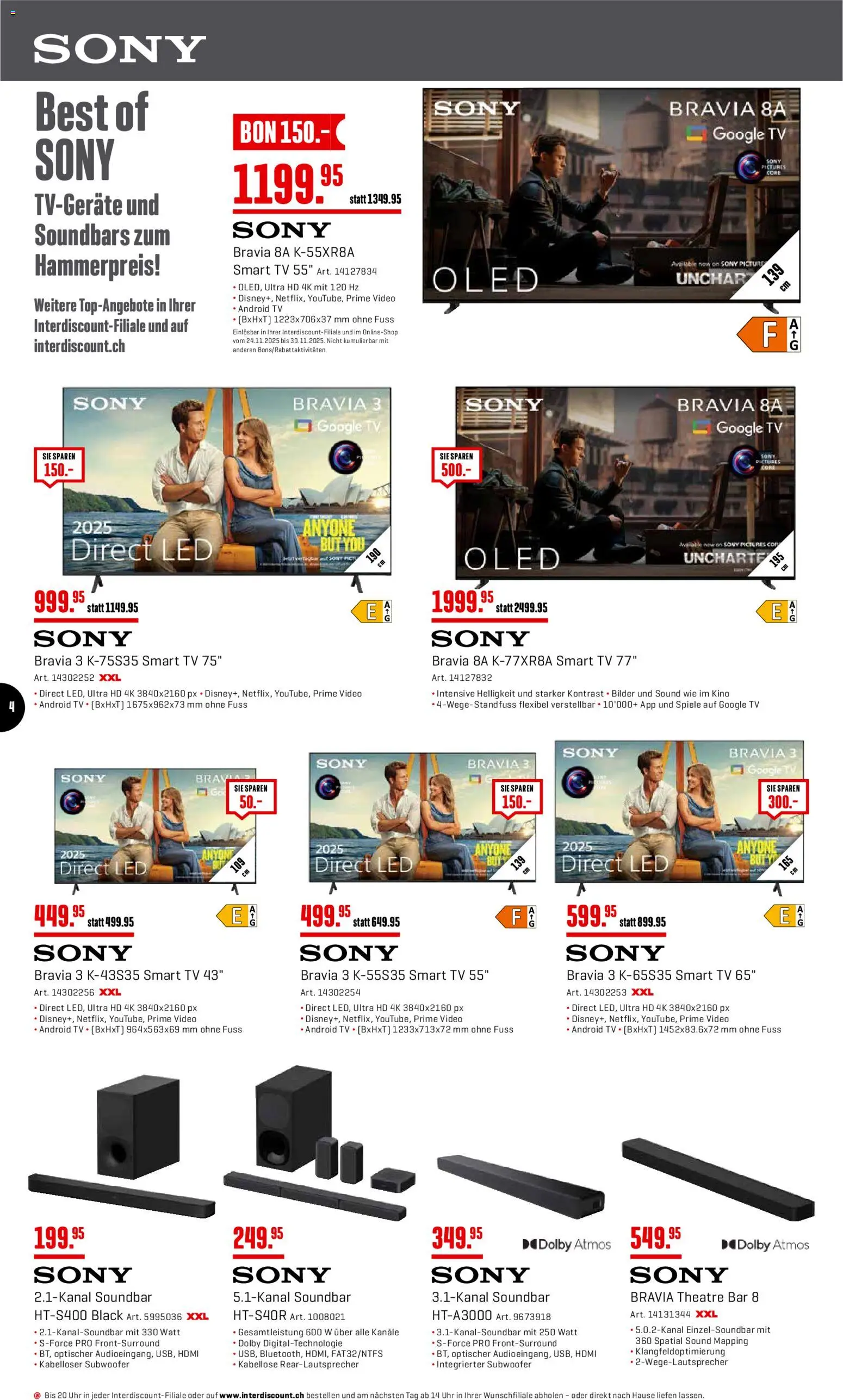 Interdiscount Aktionen – gültig ab 24.11.2025 | Seite: 4 | Produkte: Soundbar, TV, Video, Sony