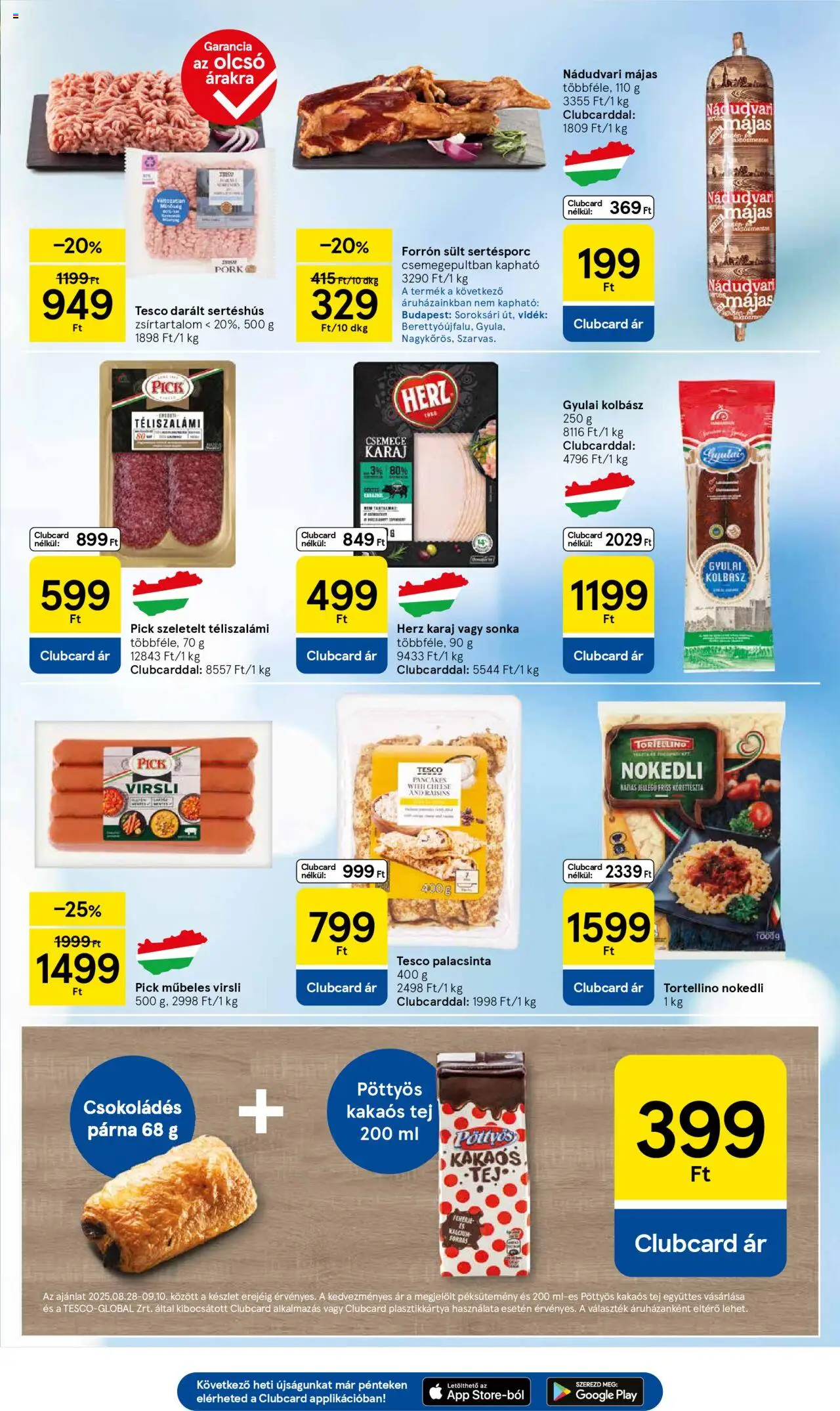 Tesco akciós ujság - amely érvényes a következő dátumtól: 28.08.2025 | Oldal: 3 | Termékek: Pick, Gyulai kolbász, Fehérje, Kakaós tej