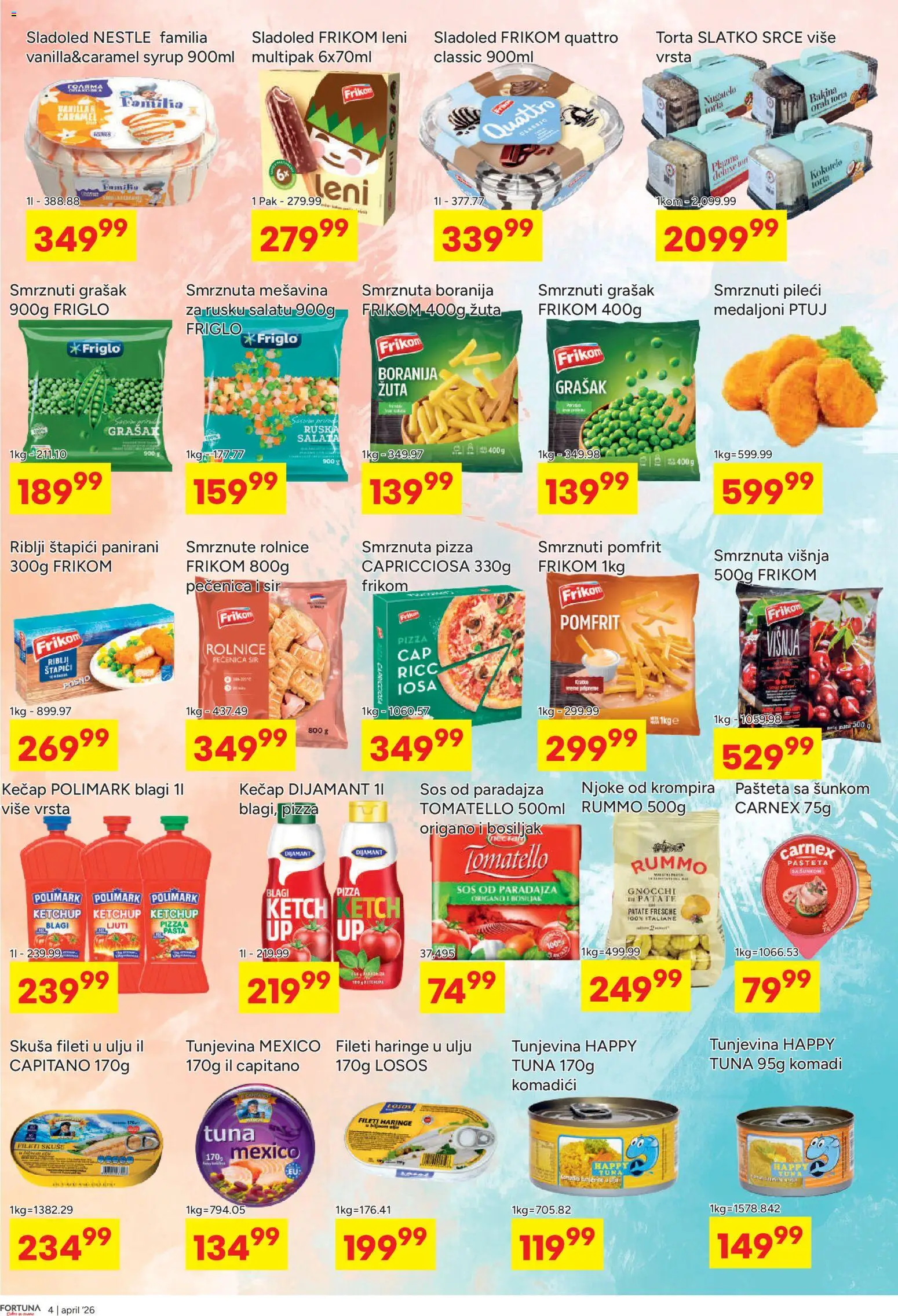Fortuna Market katalog - važi od 13.04.2026 | Strana: 4 | Proizvode: Ruska salata, Sladoled, Skuša, Pašteta