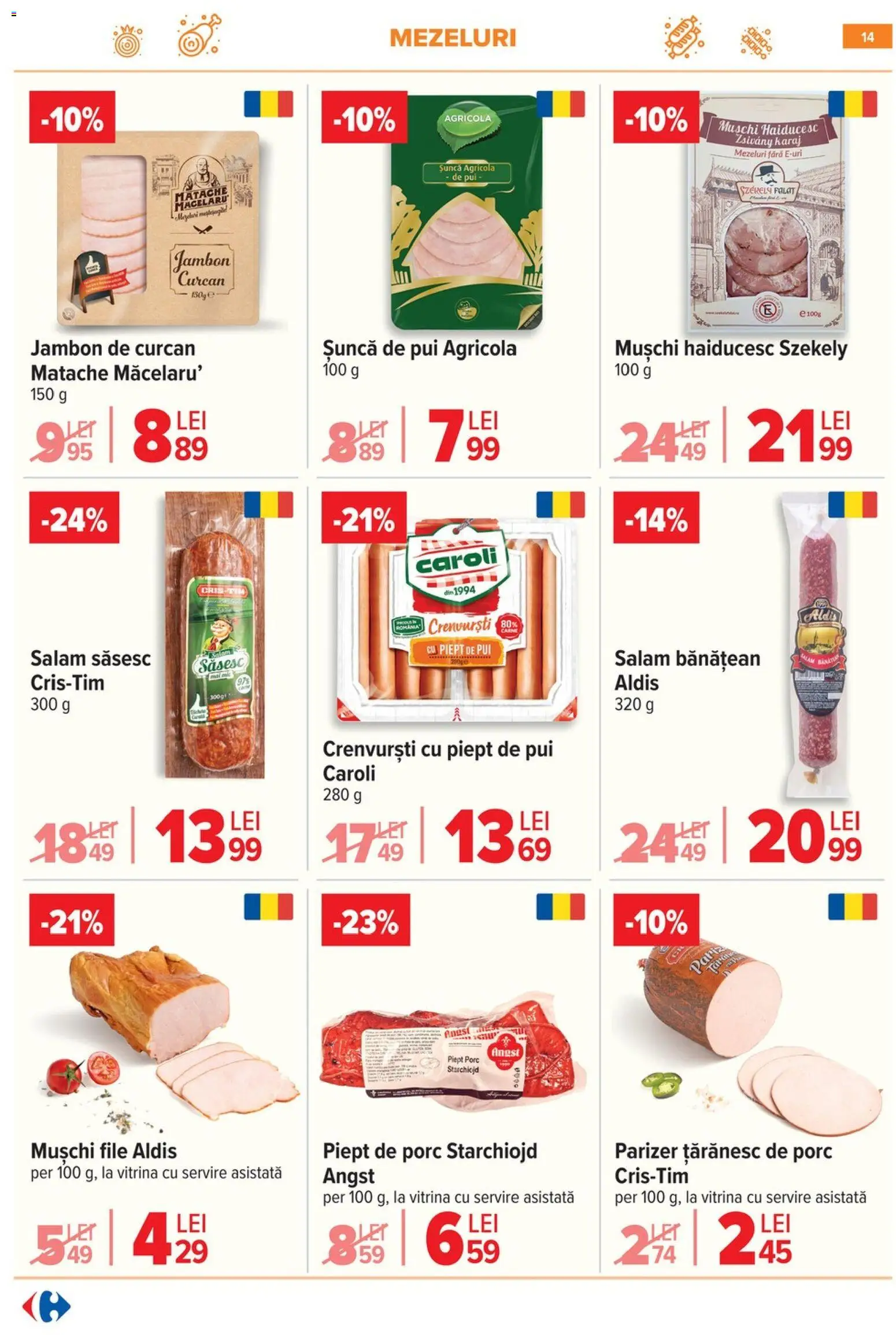 Noul catalog Carrefour – valabil de la 28.01.2026 | Pagină: 14 | Produse: Hacıyatmaz Kedi Oyuncağı, Vitrină, Crenvurști, Salam