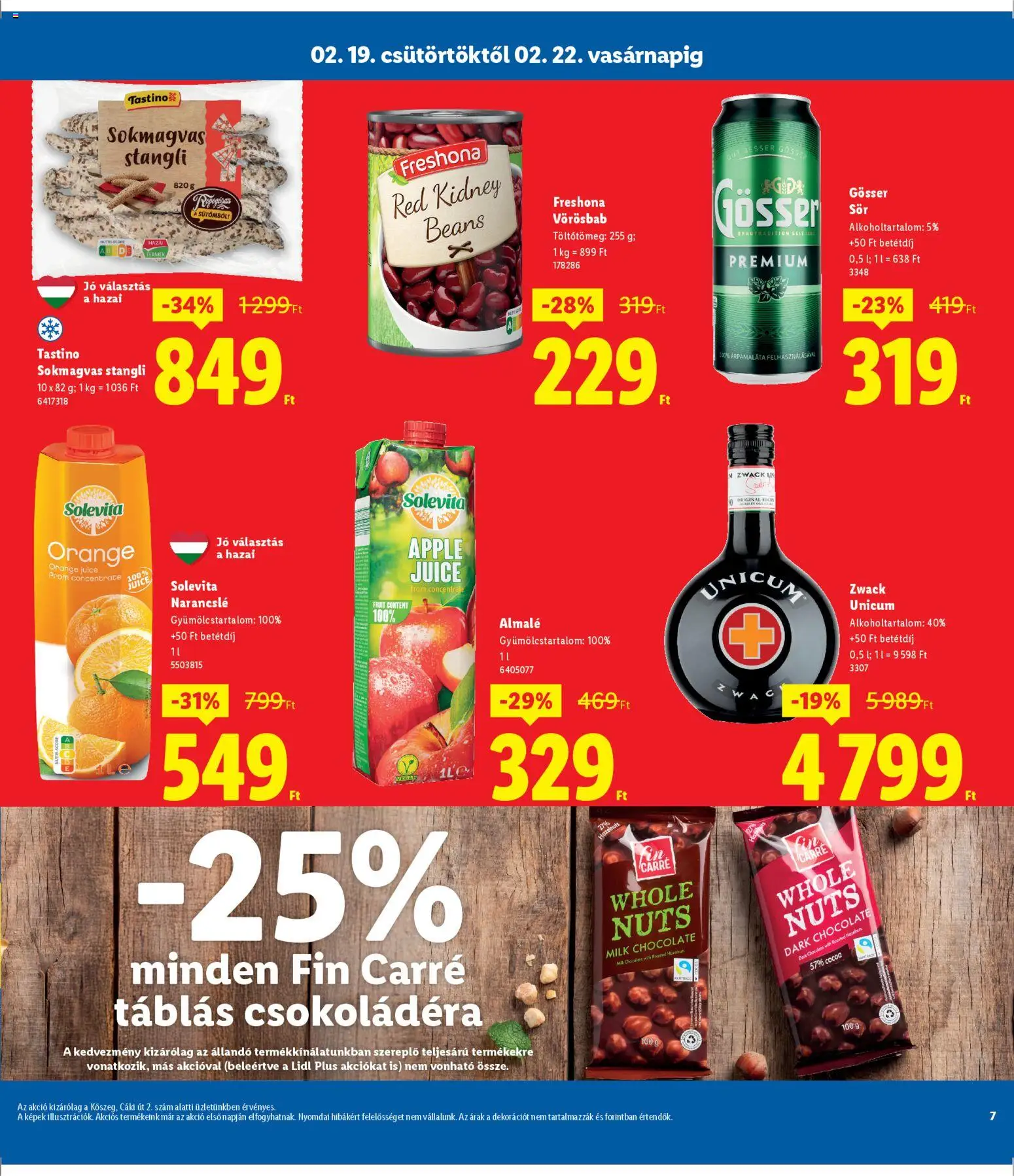 Lidl akciós ujság - amely érvényes a következő dátumtól: 19.02.2026 | Oldal: 7 | Termékek: Gösser, Pšenični griz, Almalé, Narancslé