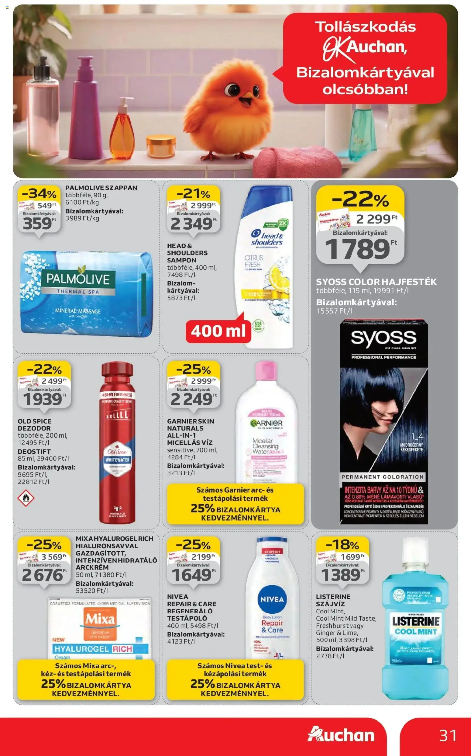 Auchan akciós ujság - amely érvényes a következő dátumtól: 22.01.2026 | Oldal: 31 | Termékek: Micellás víz, Hajfesték, Sampon, Szappan