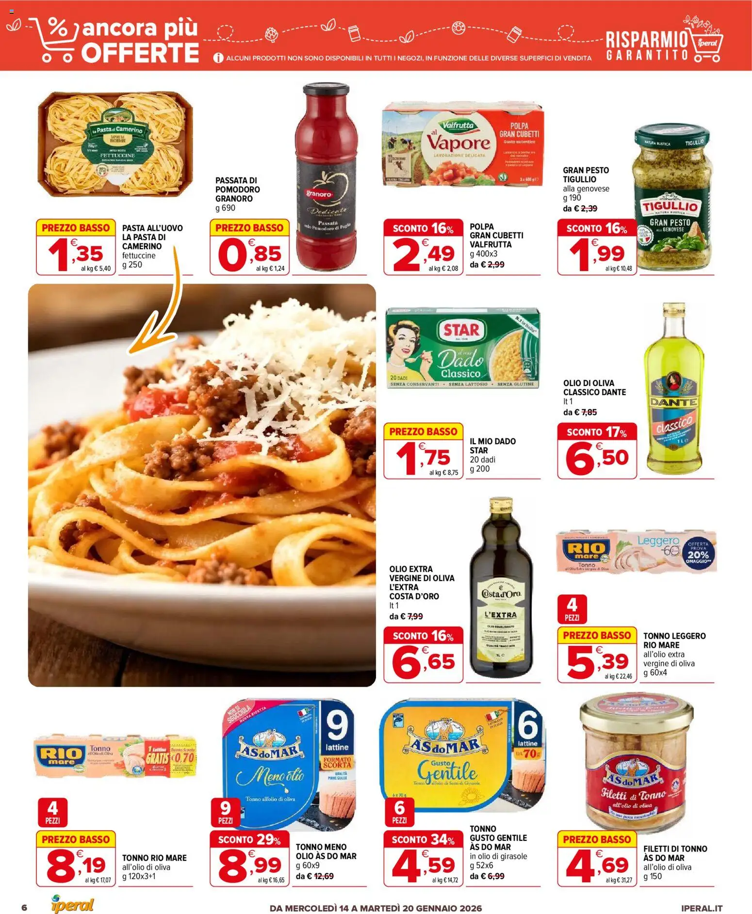 Volantino Iperal del 14.01.2026 | Pagina: 6 | Prodotti: Pesto, Tonno, Olio di girasole, Fettuccine