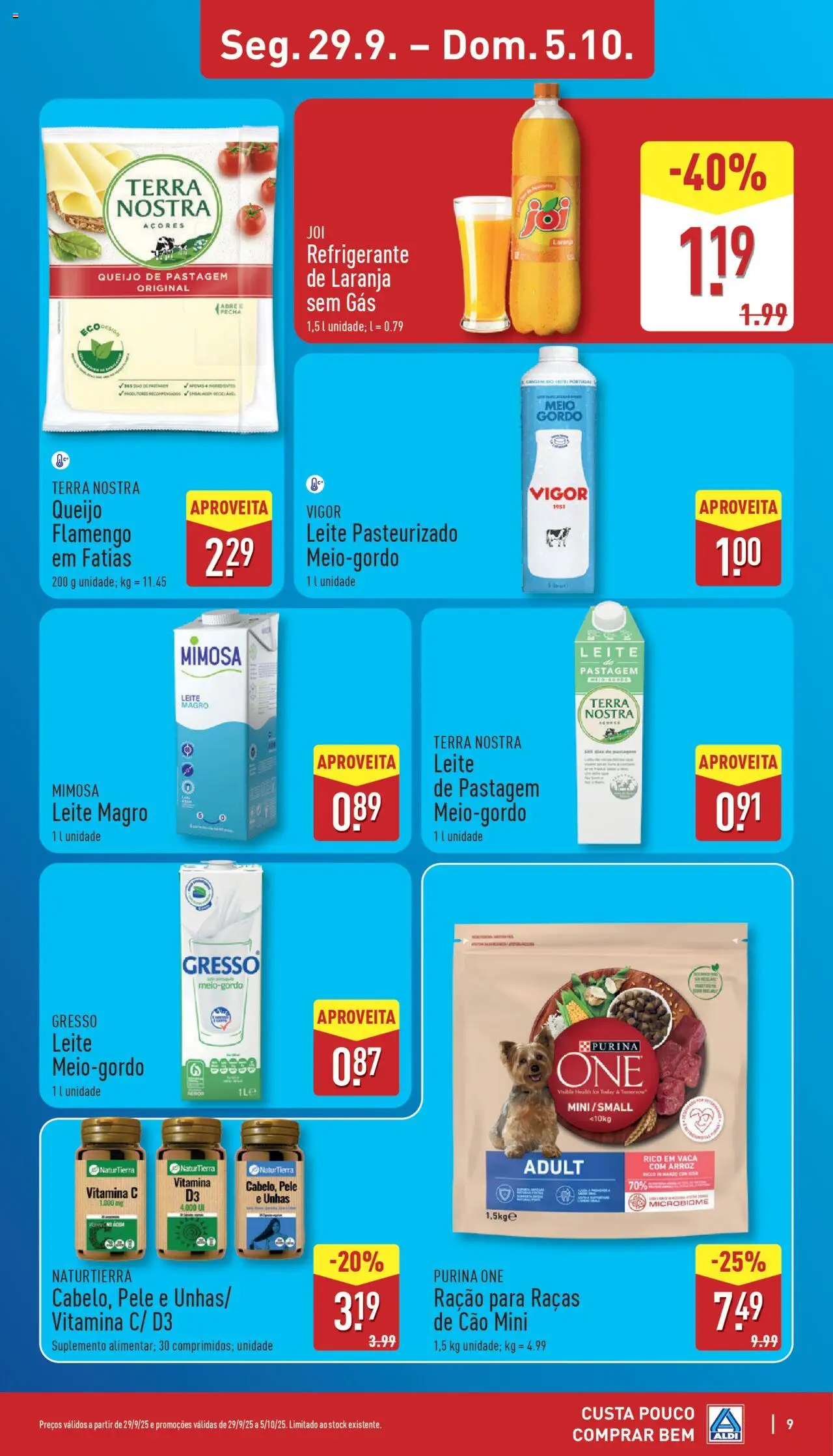 Aldi folheto │ válido de 29.09.2025 | Página: 9 | Produtos: Purina one, Leite, Vitamina c, Arroz