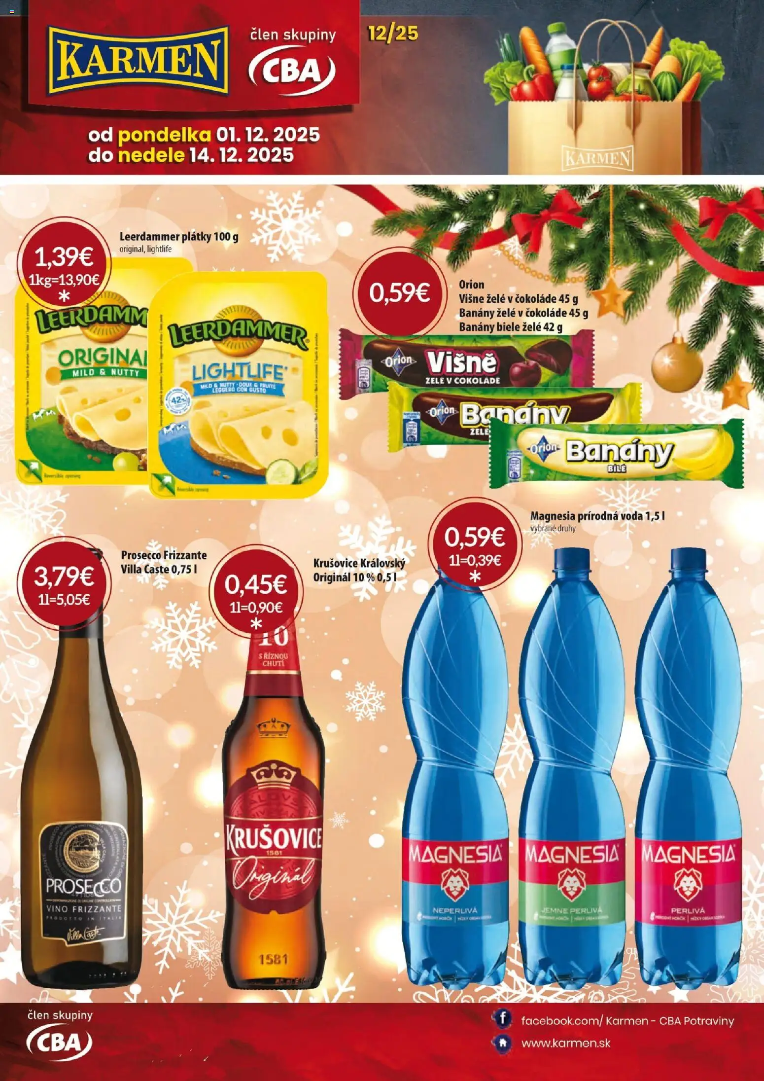 Nové KARMEN CBA akcie – leták je platný od 01.12.2025 | Strana: 1 | Produkty: Banány, Prosecco, Krušovice, Voda