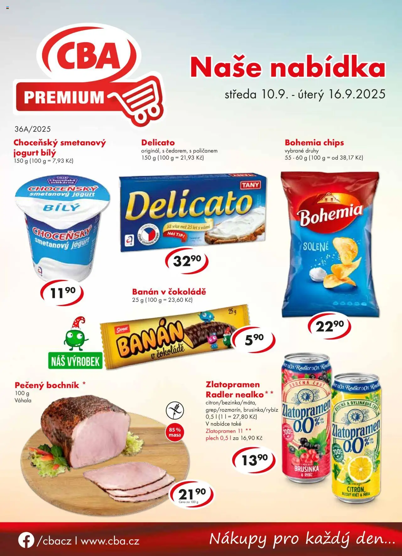 CBA leták - Premium od 10.09.2025 | Strana: 1 | Produkty: Jogurt, Radler, Bohemia chips, Zlatopramen 11