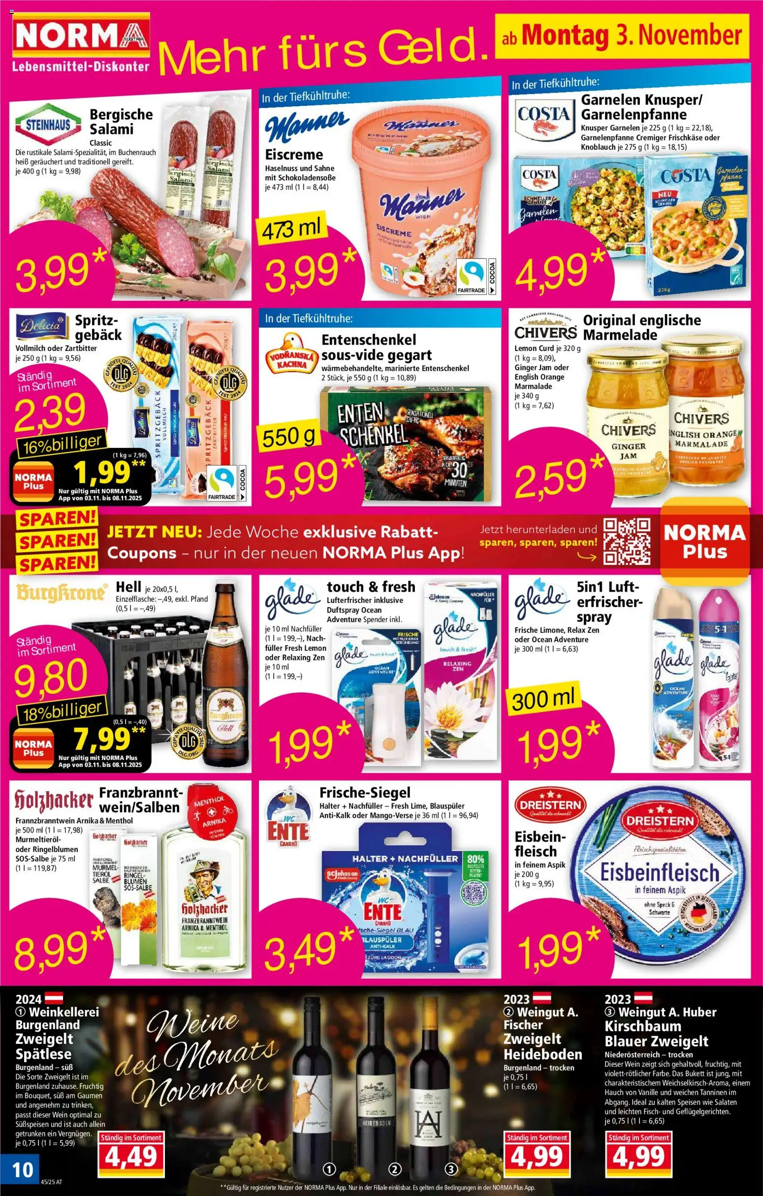 Norma Flugblatt gültig ab 03.11.2025 | Seite: 11 | Produkte: Sahne, Salami, Wein, Fisch