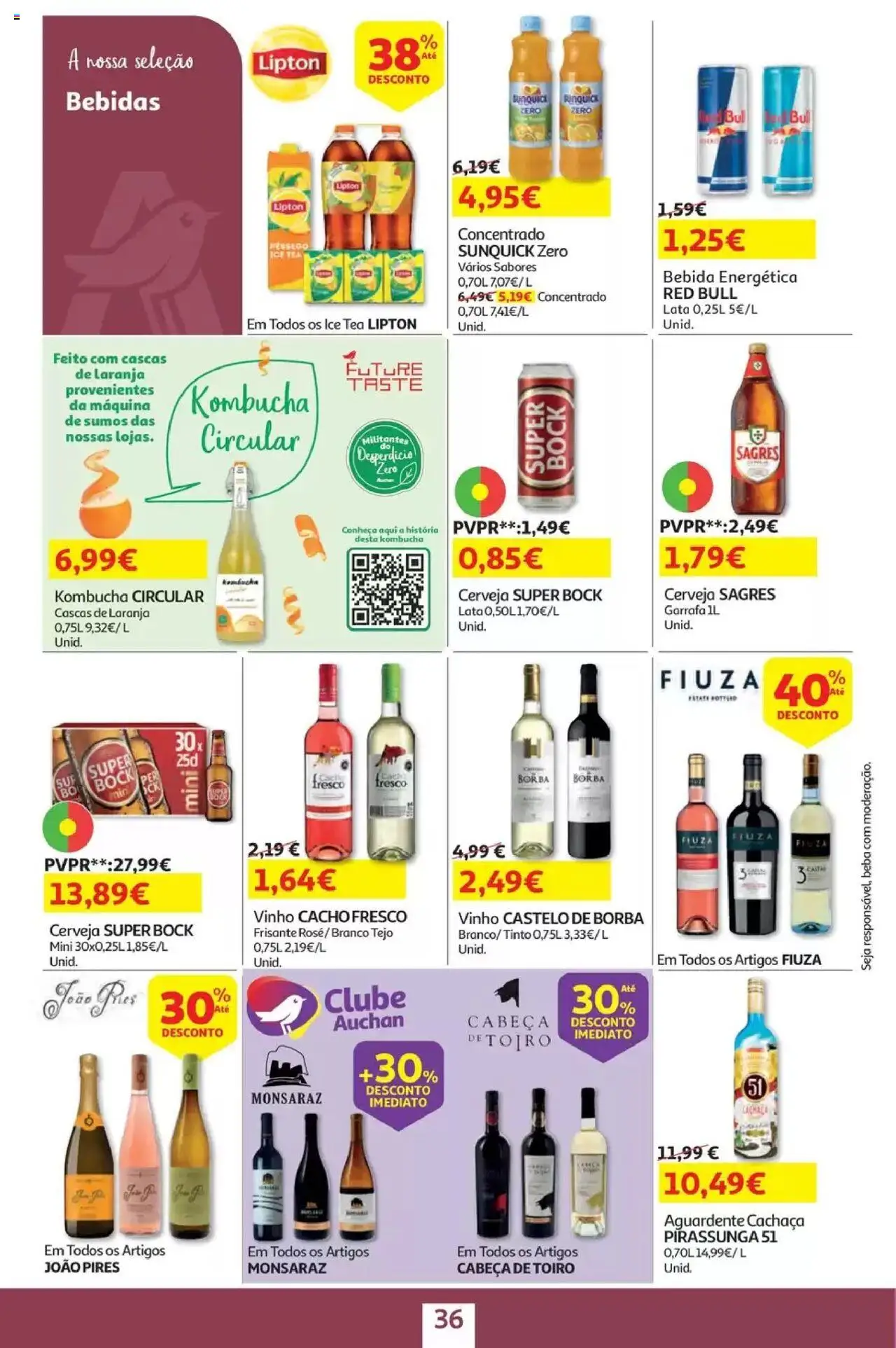 Auchan - Folheto Viagem e Praia │ válido de 02.06.2025 | Página: 36 | Produtos: Kombucha, Super bock, Cachaça, Cerveja