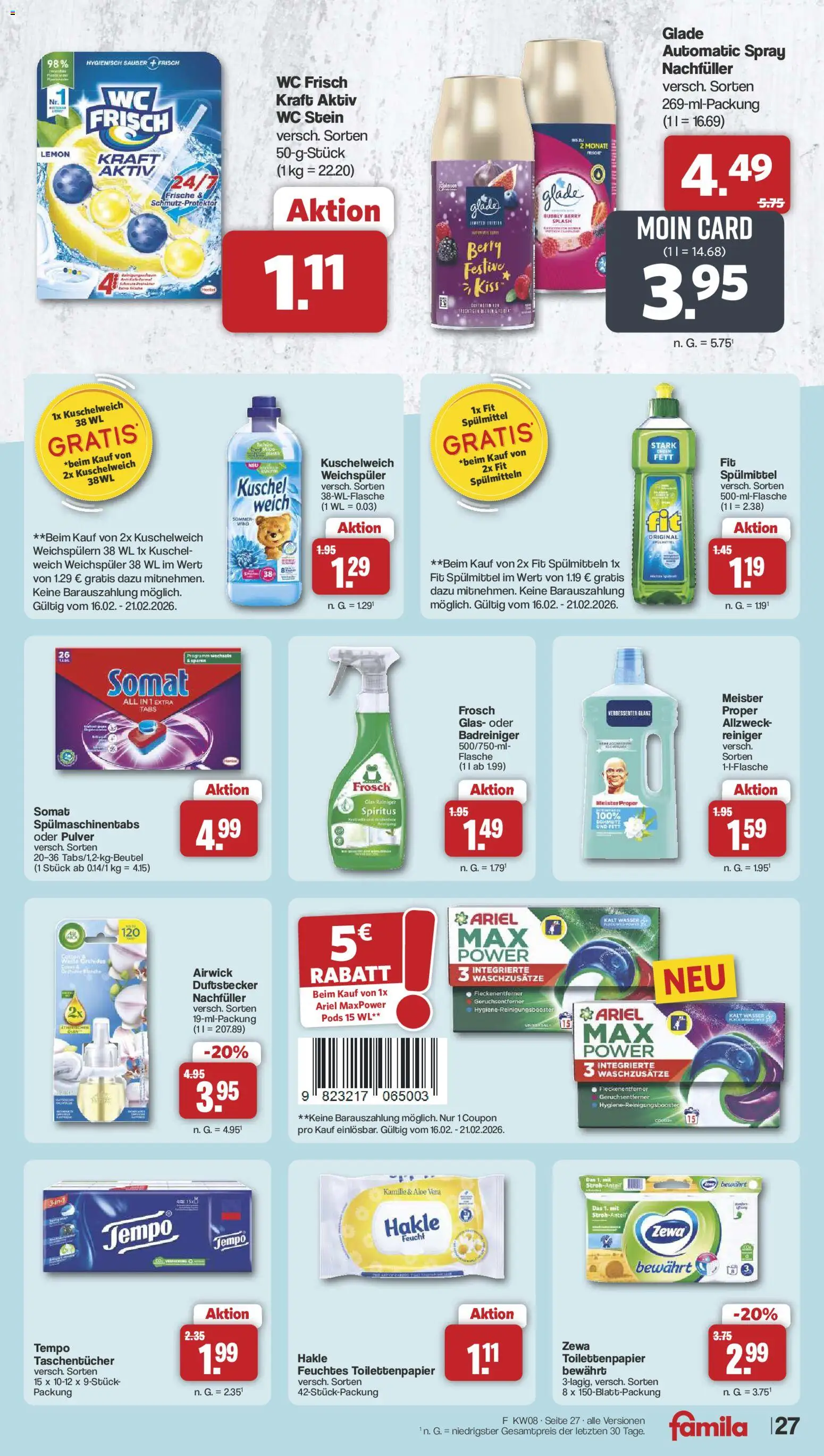 Famila Nordwest Prospekt 	 – gültig ab 16.02.2026 | Seite: 29 | Produkte: Kuschelweich, Weichspüler, Fleckenentferner, WC Stein