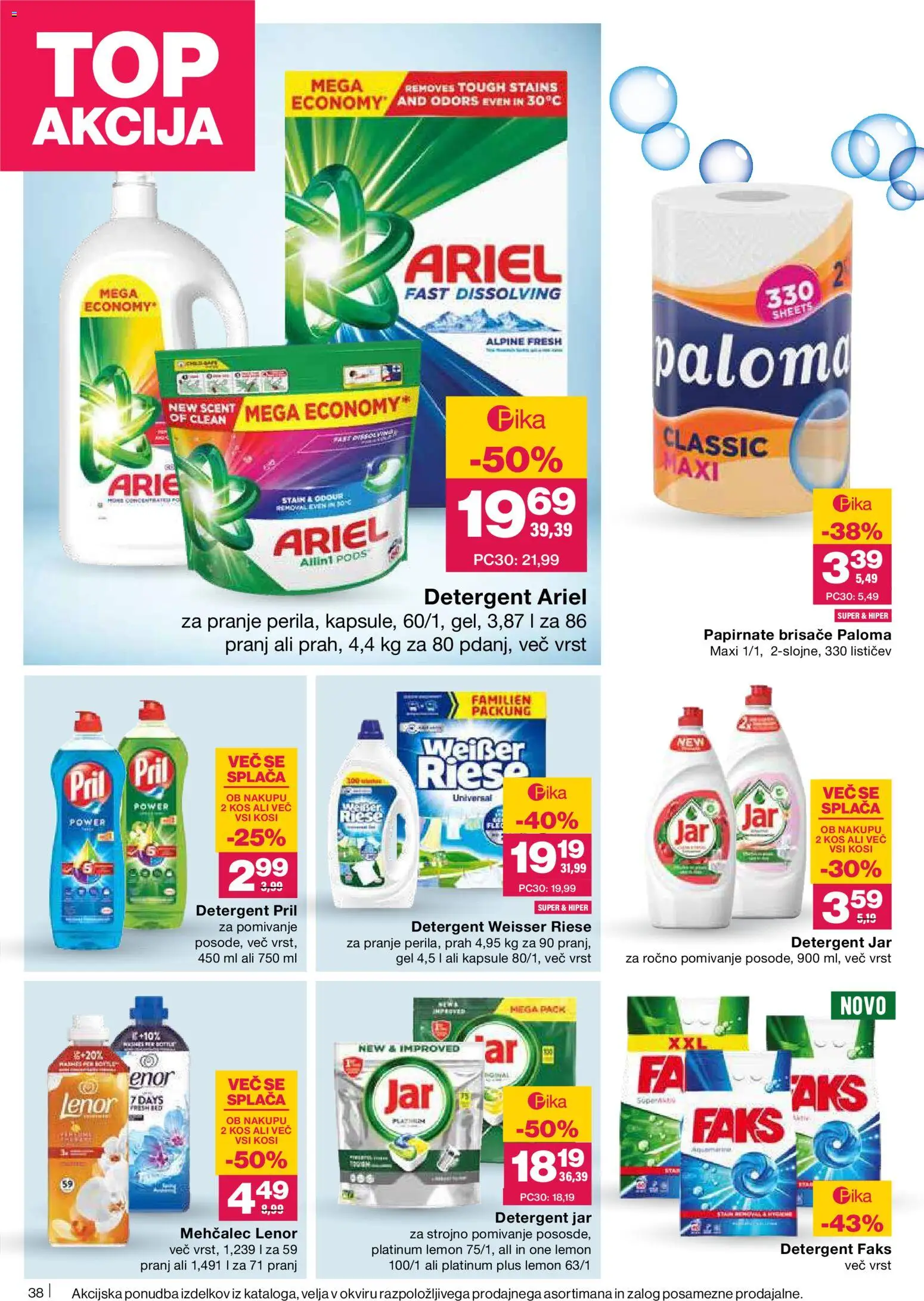 Novi Mercator katalog ponudbe – veljaven od 20.11.2025 | Stran: 38 | Izdelki: Mehčalec, Papirnate brisače, Kos, Detergent