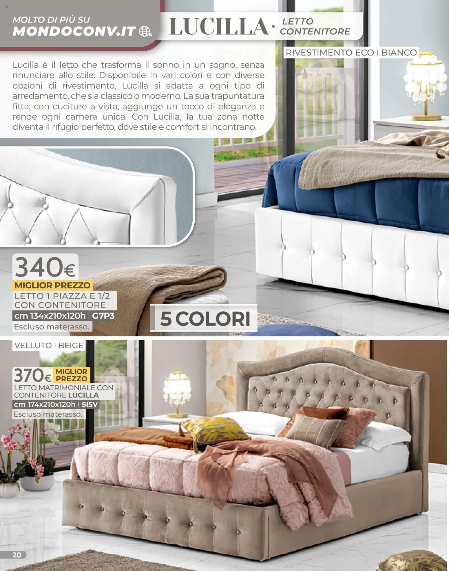 Volantino Mondo Convenienza del 04.01.2026 | Pagina: 20 | Prodotti: Letto matrimoniale, Letto contenitore, Contenitore, Materasso