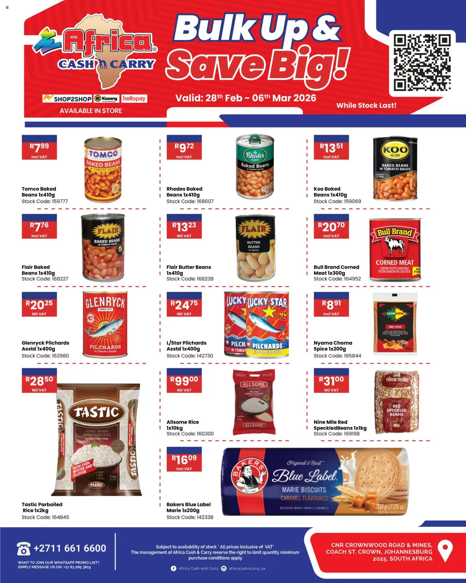 New Africa Cash & Carry catalogue – valid from 28.02.2026 | Page: 2 | Products: Beans, Baked beans, Biscuits, Tomato sauce