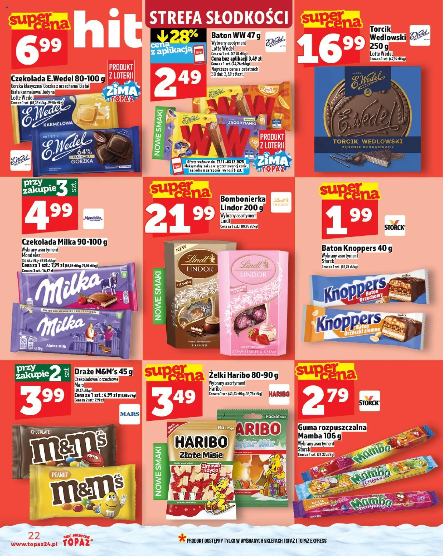 Topaz Gazetka MAZ od 27.11.2025 | Strona: 22 | Produkty: Żelki haribo, Czekolada milka, Milka, Torcik wedlowski