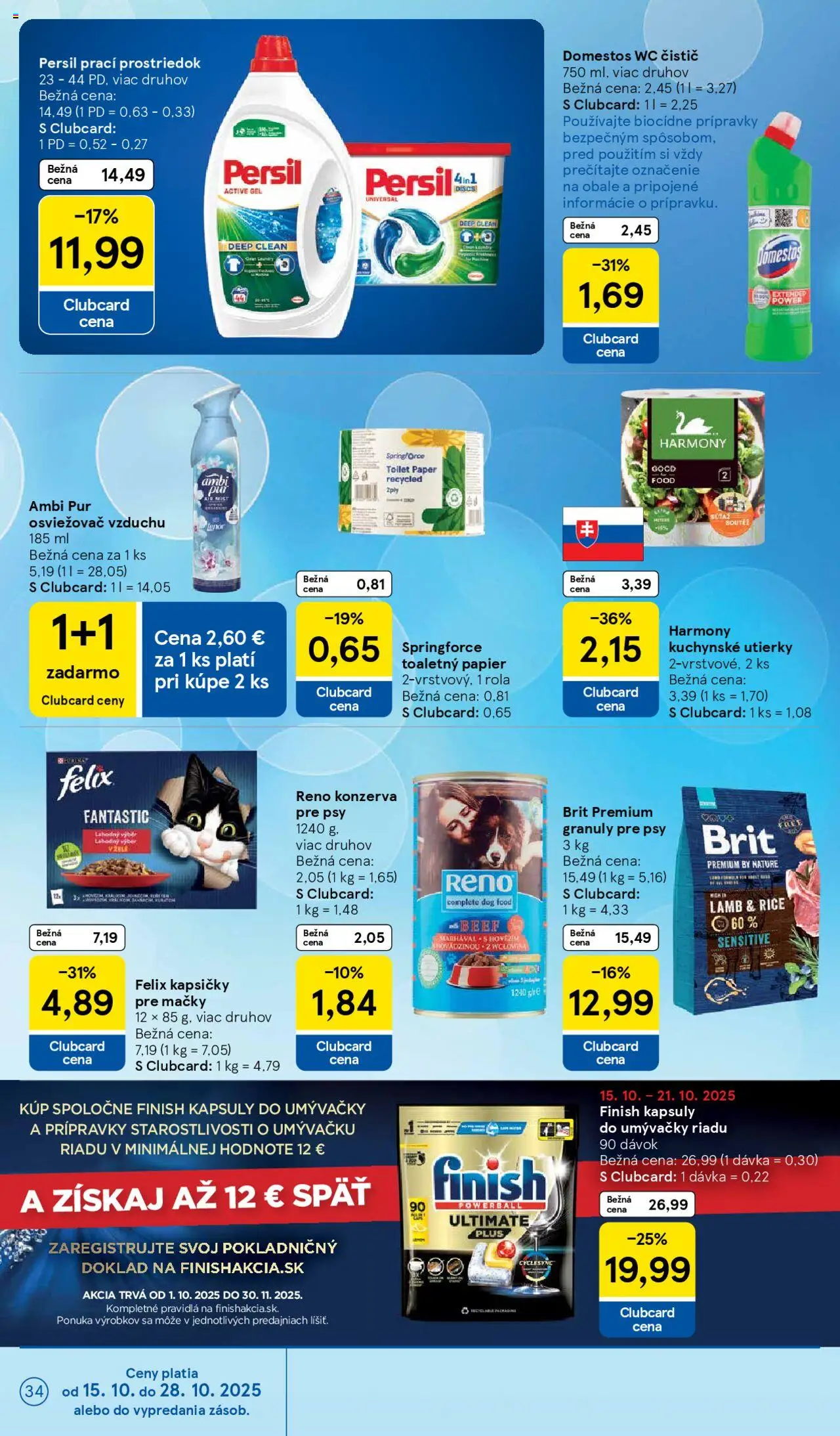Nové Tesco akcie – leták je platný od 15.10.2025 | Strana: 34 | Produkty: Osviežovač vzduchu, Toaletný papier, Domestos, Lenor