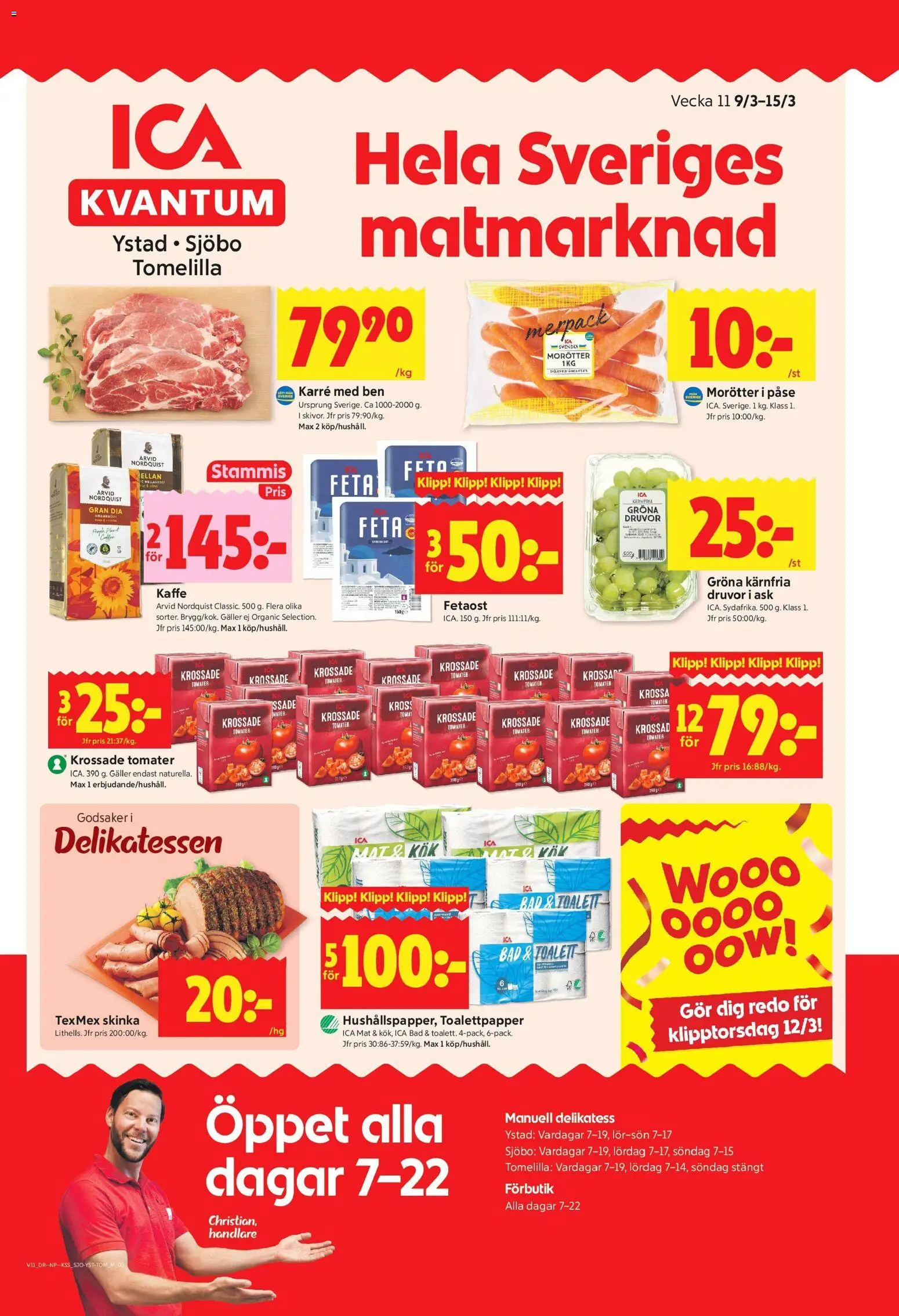 ICA Kvantum reklamblad aktuell från 09.03.2026 | Sida: 3 | Produkter: Krossade tomater, Fetaost, Kaffe, Tomater