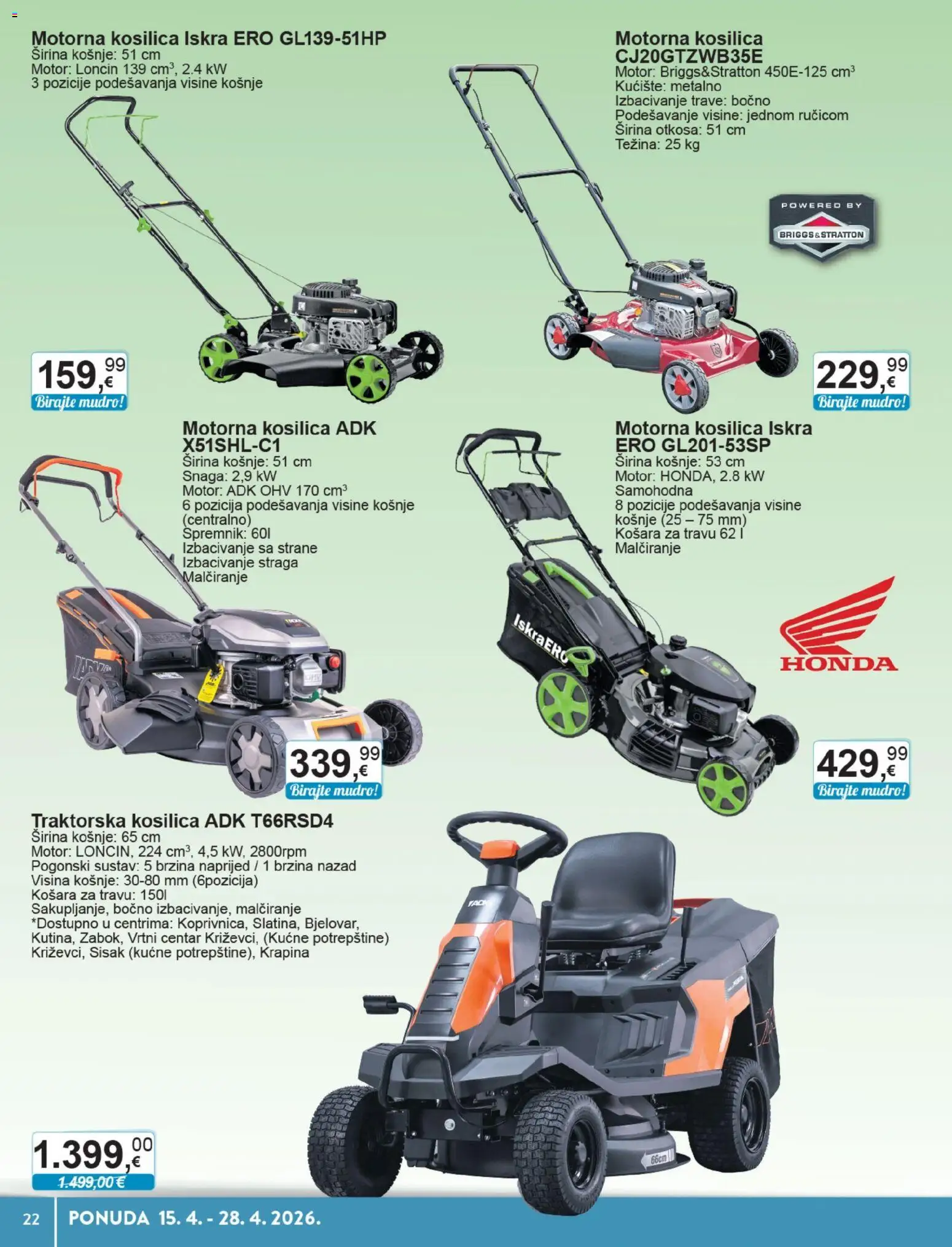 KTC katalog | vrijedi od 15.04.2026 | Stranica: 22 | Proizvodi: Kosilica, Košara, Traktorska kosilica