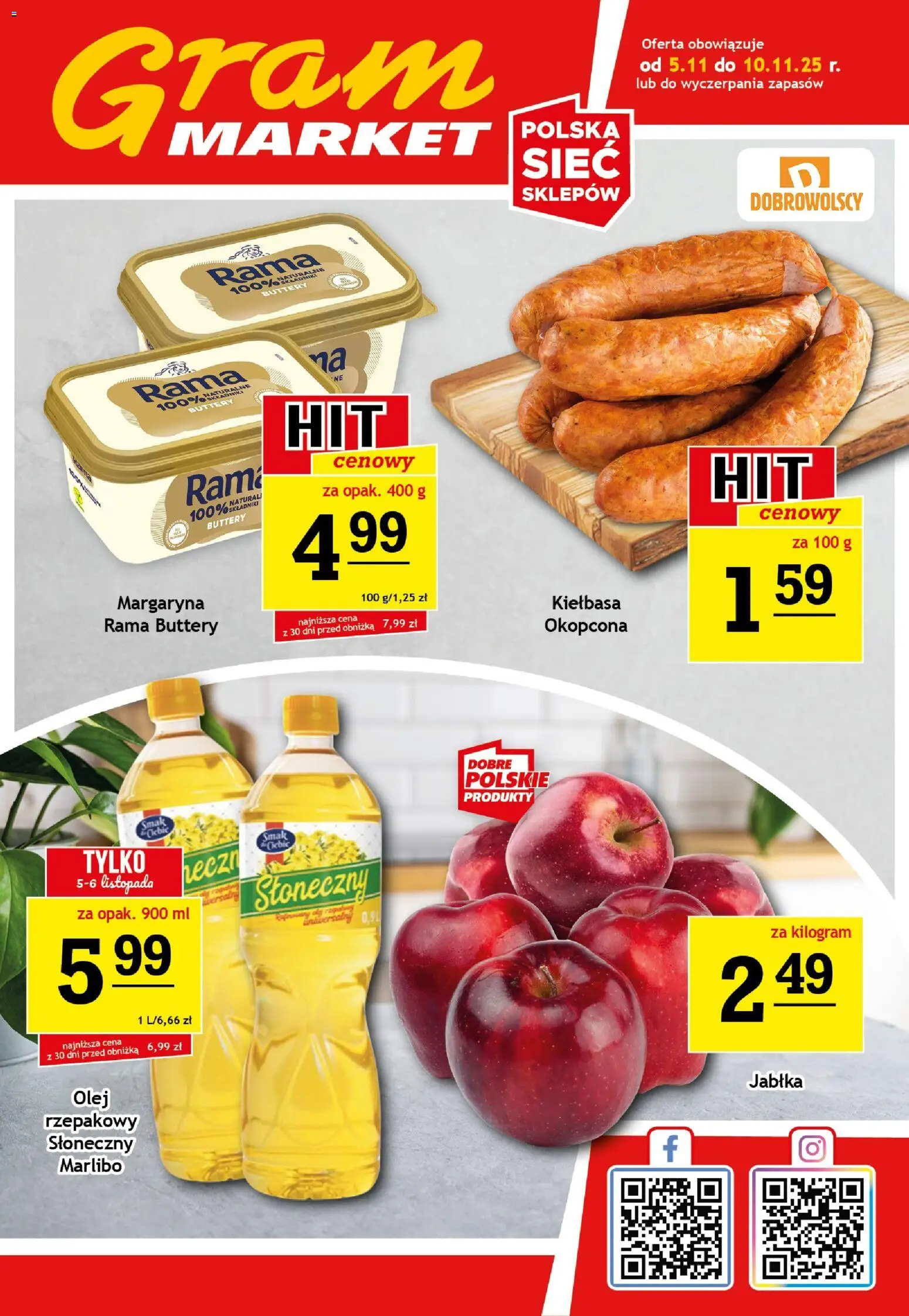 Gram Market Gazetka od 05.11.2025 | Strona: 1 | Produkty: Kiełbasa, Margaryna, Olej, Jabłka