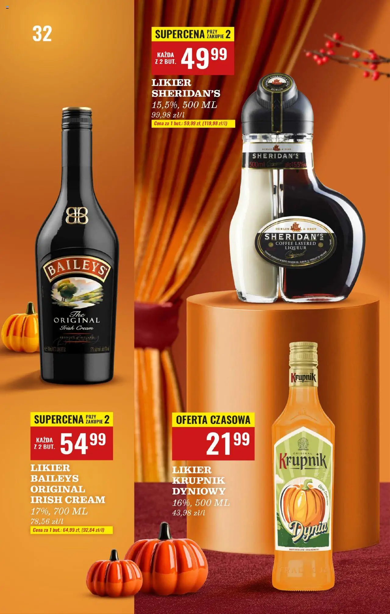 Biedronka gazetka - Czas na toast od 20.10.2025 | Strona: 32 | Produkty: Baileys, Dynia, Likier Sheridan's
