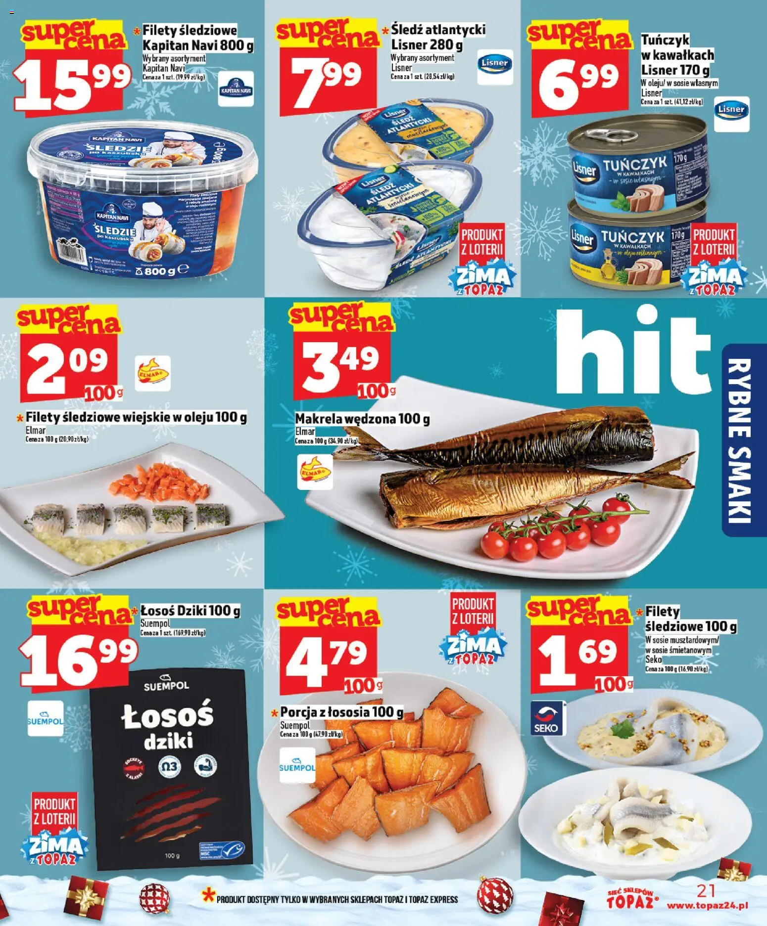 Topaz Gazetka MAZ od 11.12.2025 | Strona: 21 | Produkty: Śledzie lisner, Makrela wędzona, Łosoś, Tuńczyk