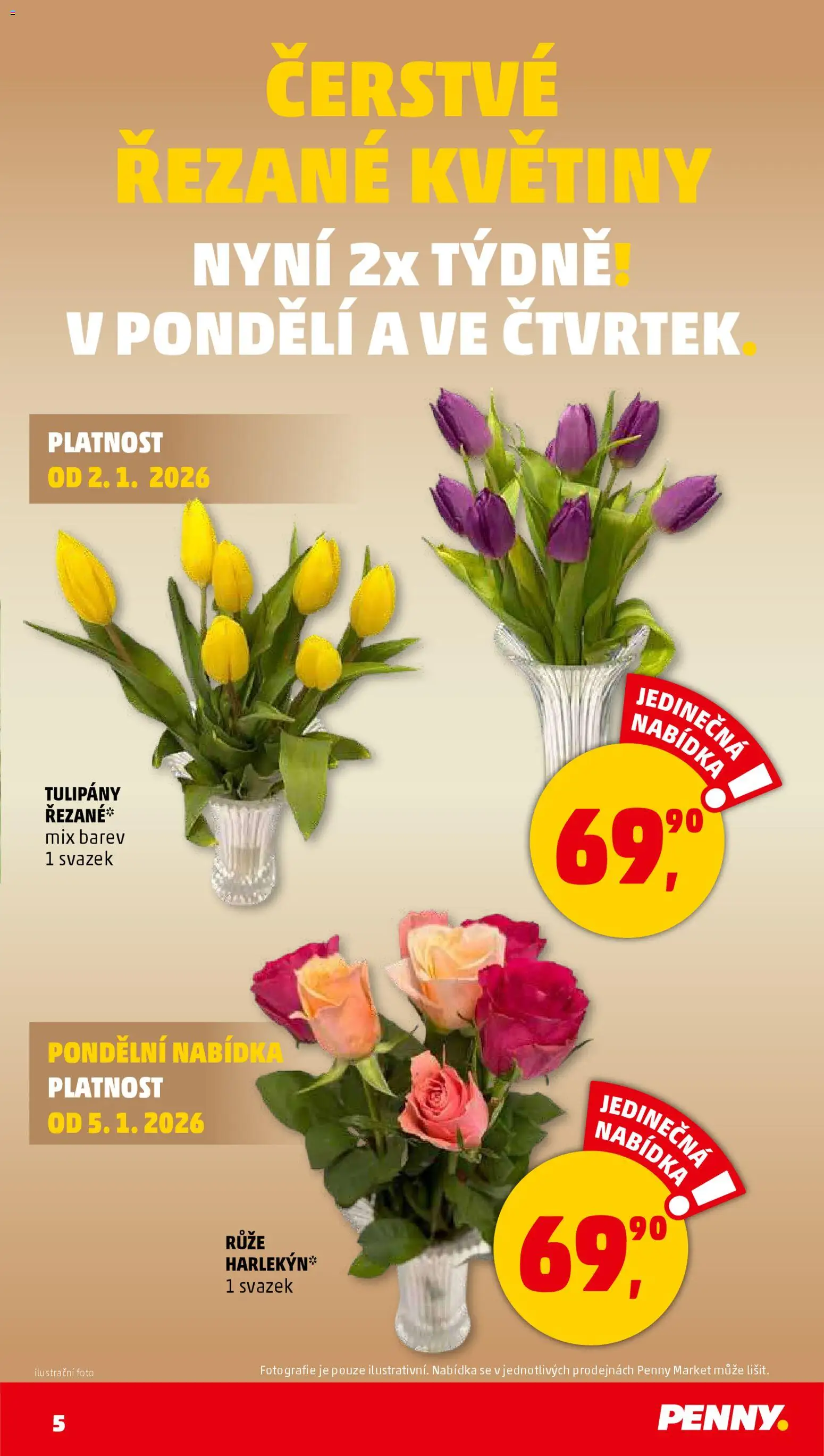 Penny Market leták - Čtvrtečník od 02.01.2026 | Strana: 5 | Produkty: Řezané květiny, Tulipány, Květiny