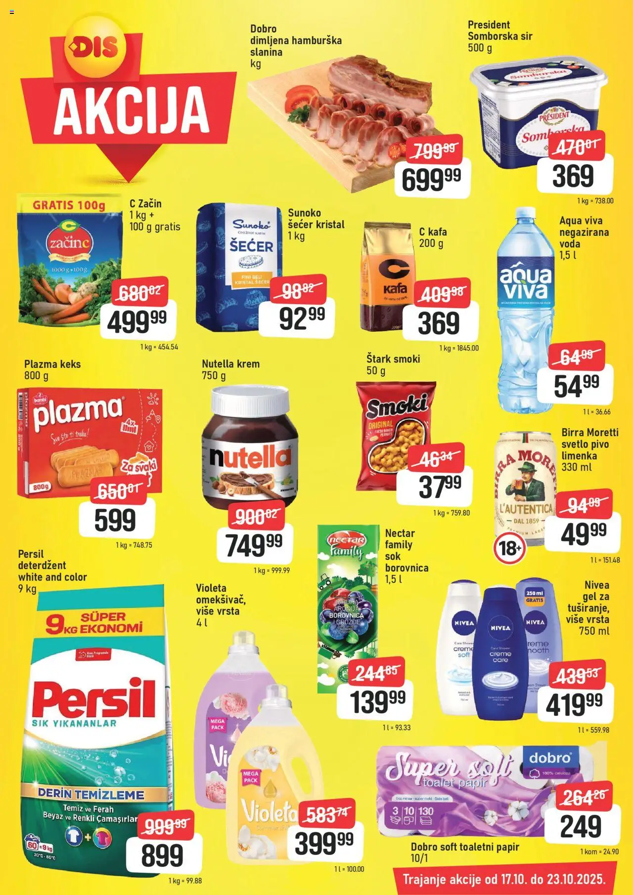 DIS katalog - važi od 17.10.2025 | Strana: 1 | Proizvode: Šećer kristal, Birra Moretti, Plazma, Slanina