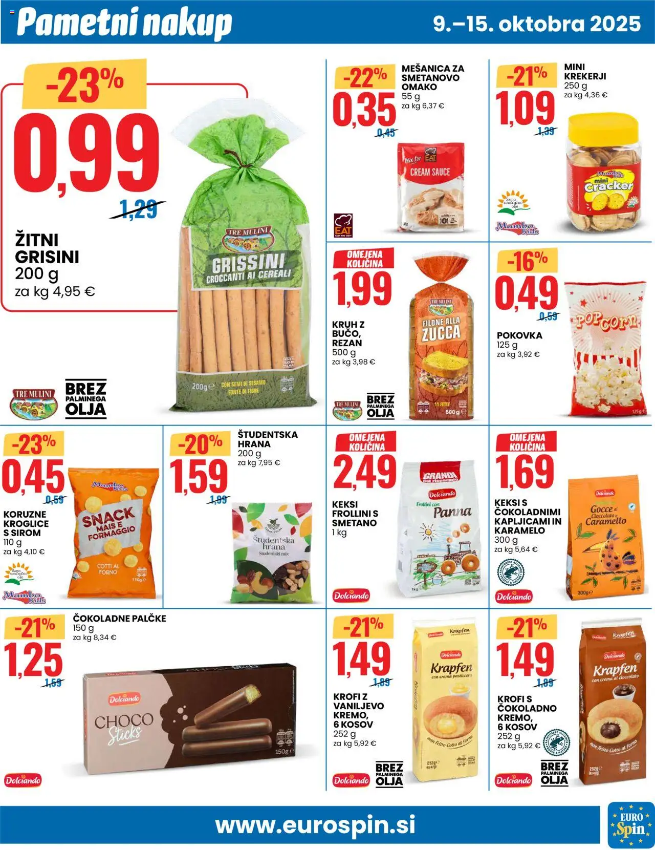 Novi Eurospin katalog ponudbe – veljaven od 09.10.2025 | Stran: 9 | Izdelki: Keksi, Grisini, Kruh